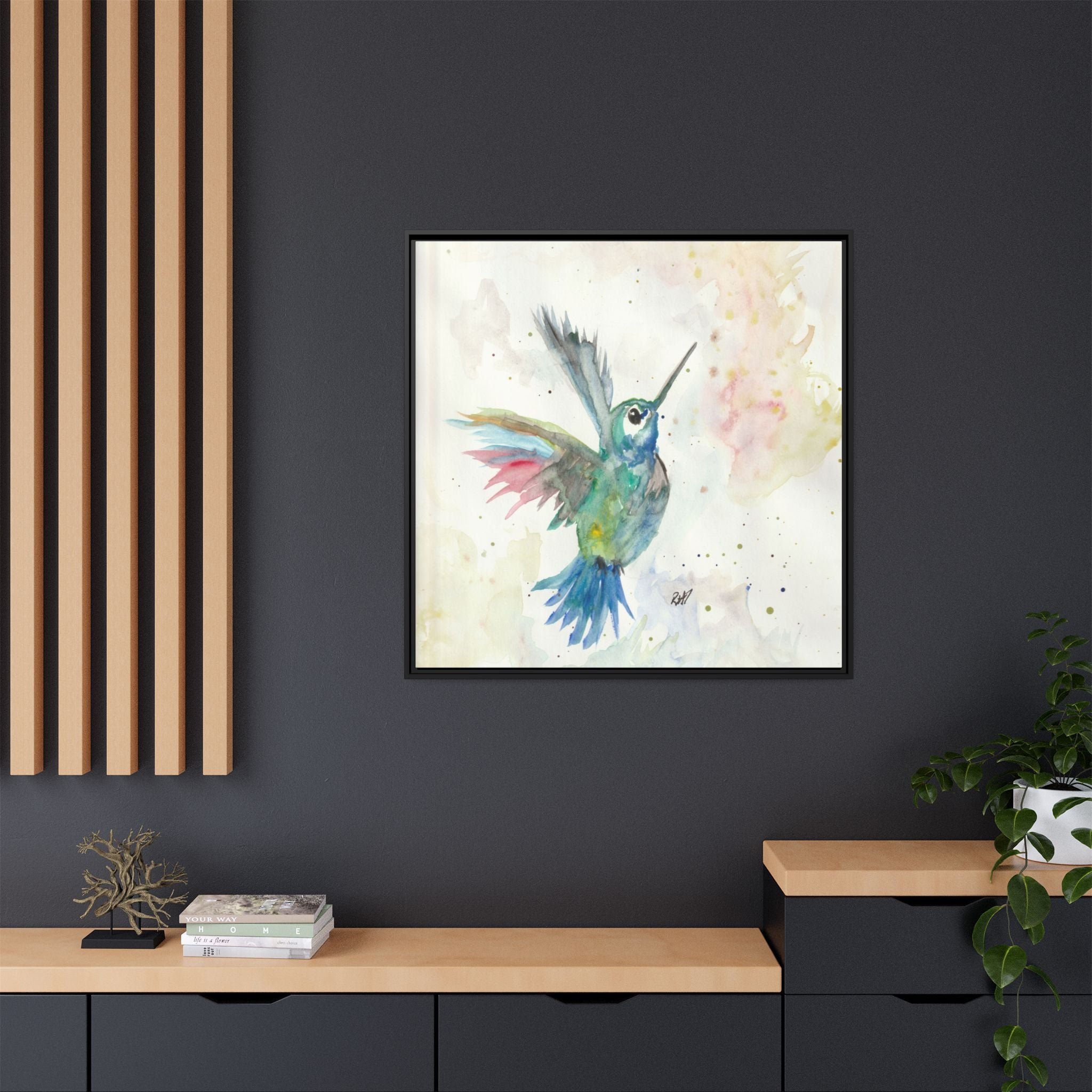 Higher Hummingbird Watercolor Framed Canvas Print of Original — Multicolor Matte Wall Art