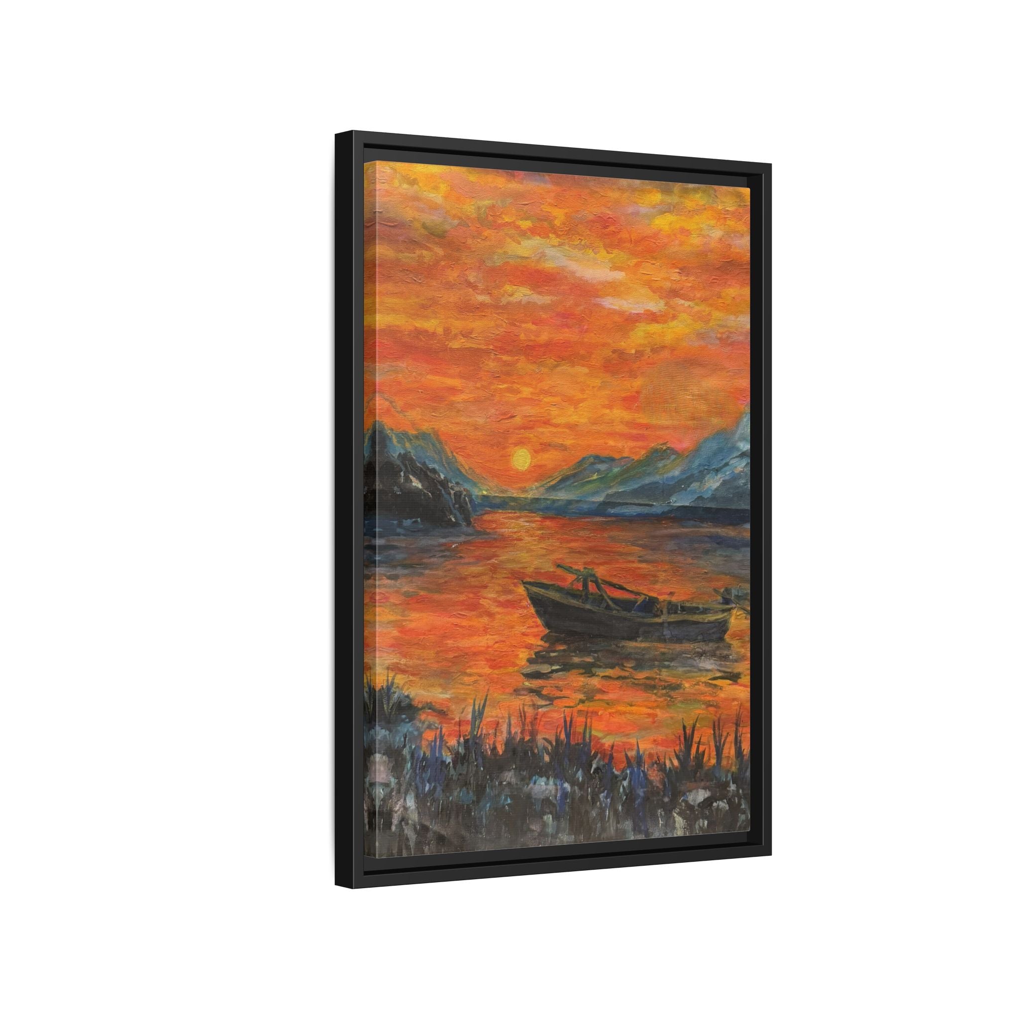 Boat on Sunset Lake Framed Canvas Print of Original — Orange Mountain Lake Wall Art