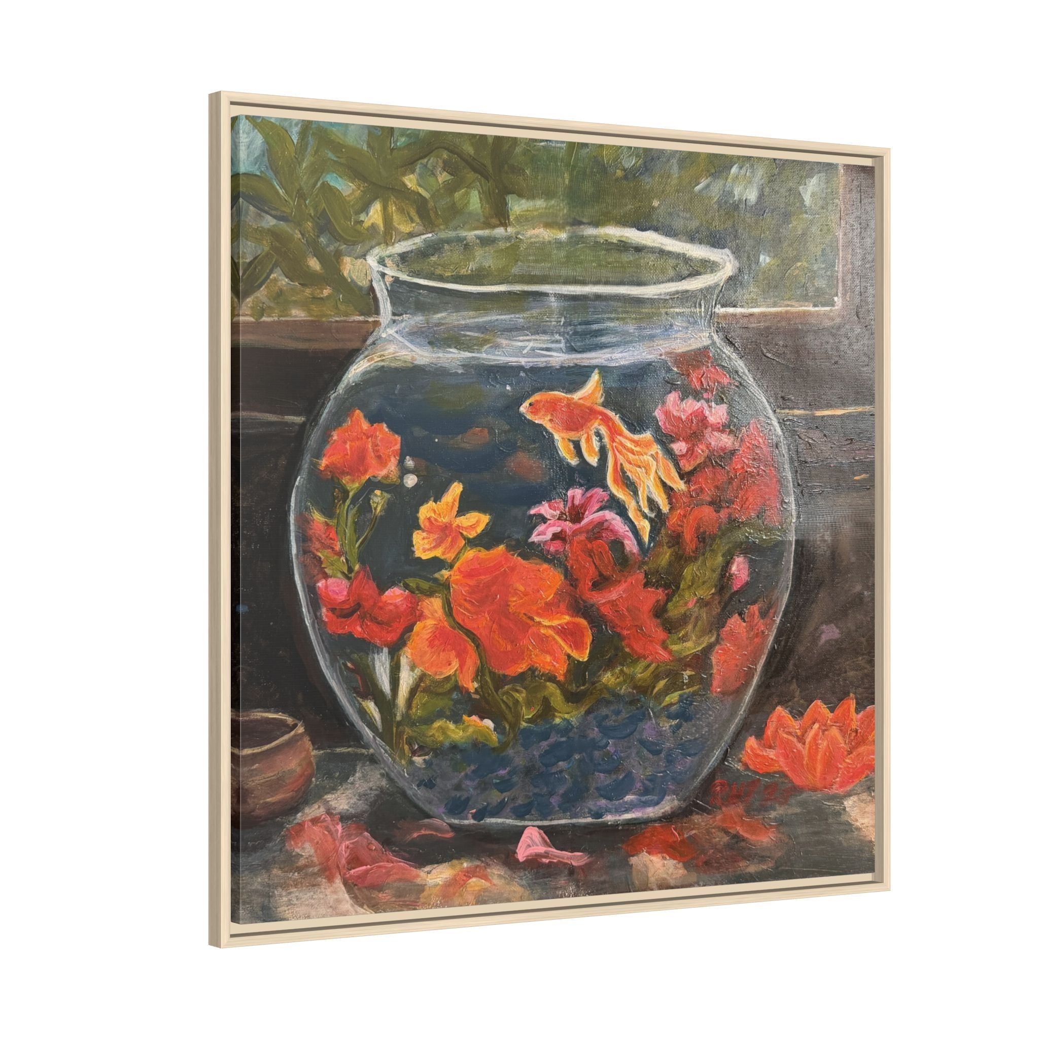 Framed Matte Canvas Print of Original– Colorful Goldfish Bowl Art