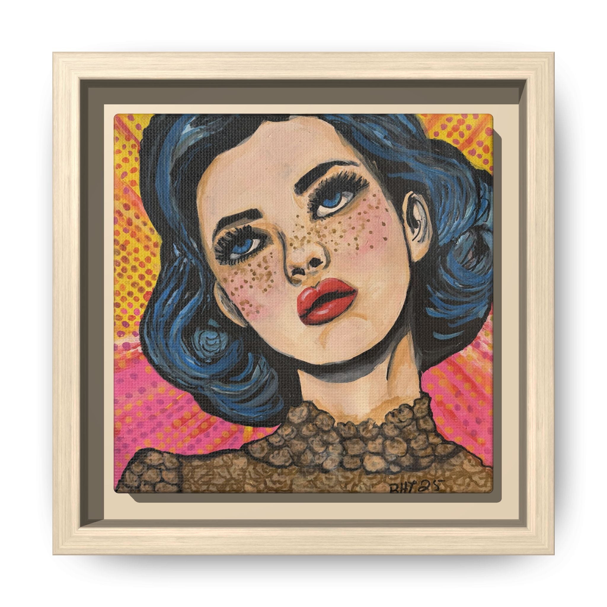 Pop Art Portrait Matte Canvas Print of Original "OMG" (Framed) — Retro Blue-Haired Woman Wall Art