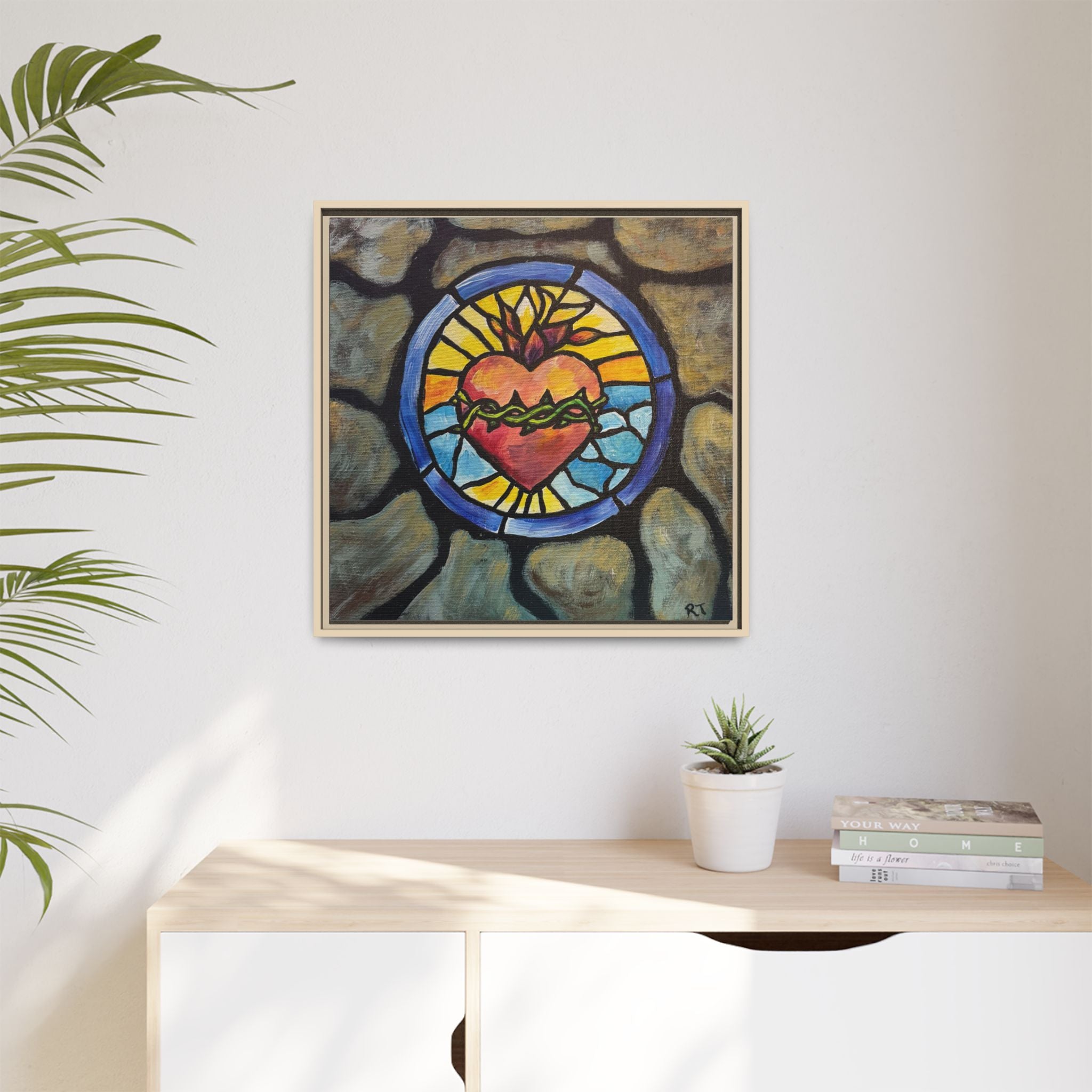 Sacred Heart Stained Glass Print — Framed Matte Canvas