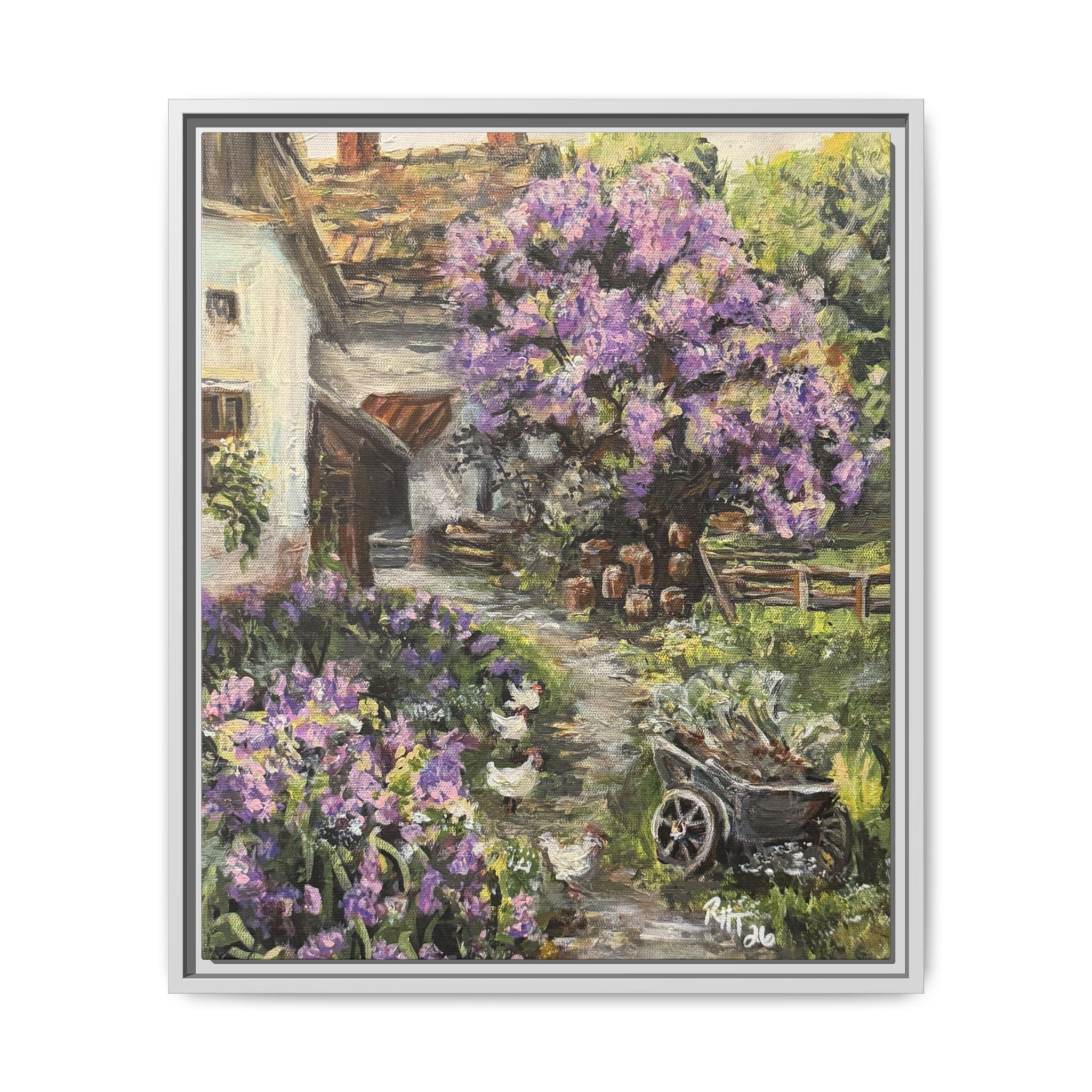 Framed Matte Canvas Print of Original Lavender Cottage— Cottage Garden with Purple Wisteria Wall Art