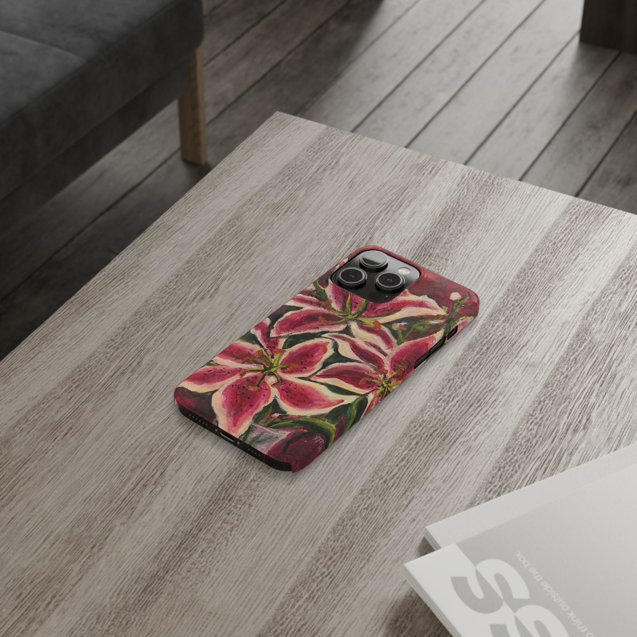 Slim Phone Case — Hand-Painted Pink Lily Floral Design