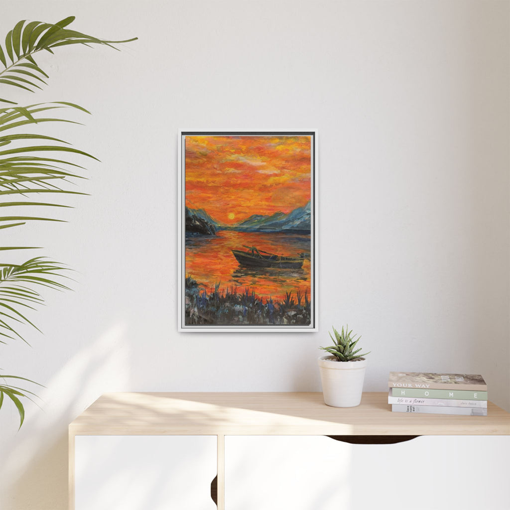 Boat on Sunset Lake Framed Canvas Print of Original — Orange Mountain Lake Wall Art
