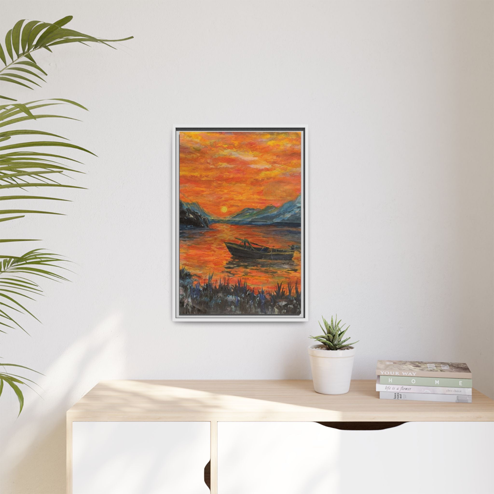 Boat on Sunset Lake Framed Canvas Print of Original — Orange Mountain Lake Wall Art