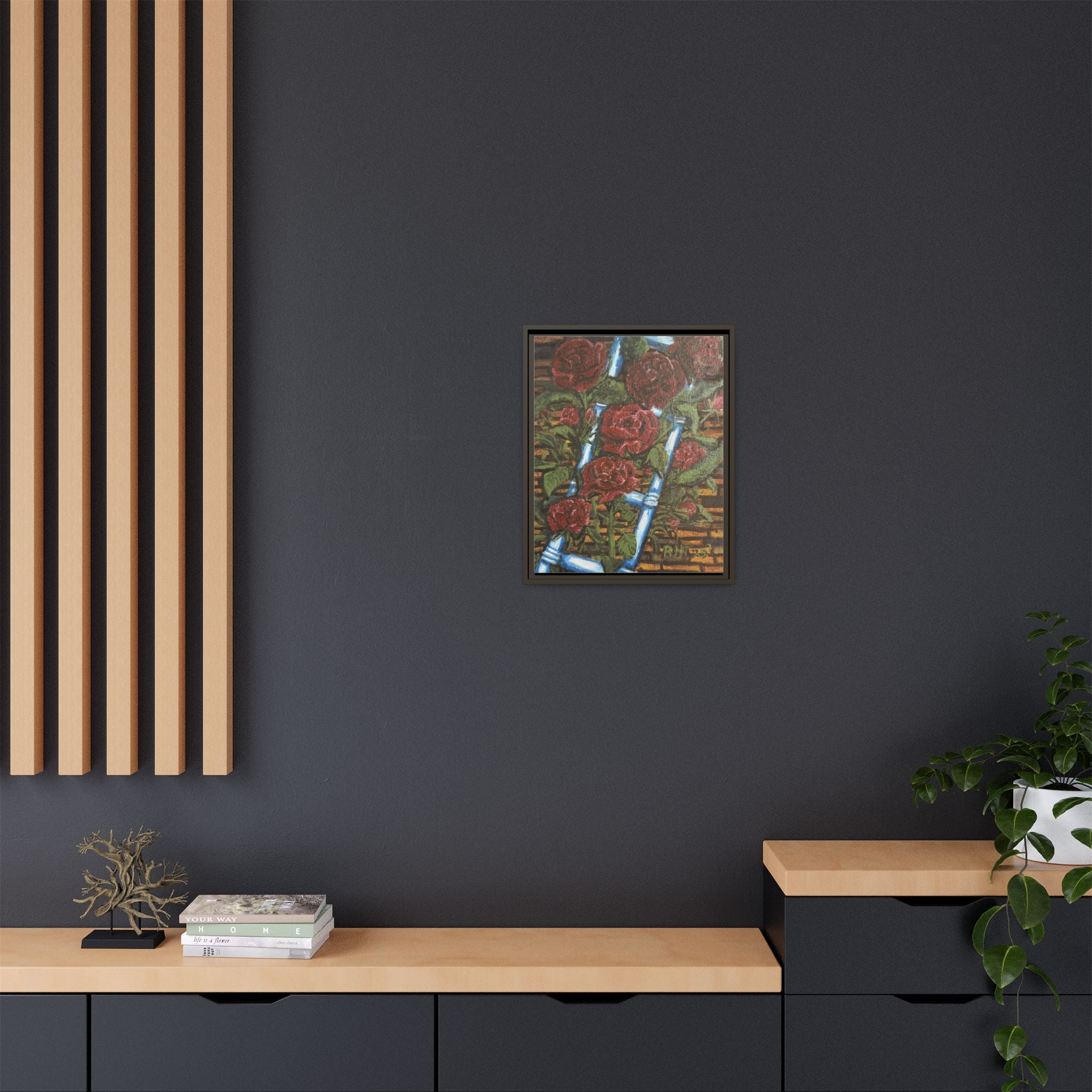 Framed Matte Canvas Art Print of Original Climbing Roses — Red Roses & Blue Ladder Floral Painting
