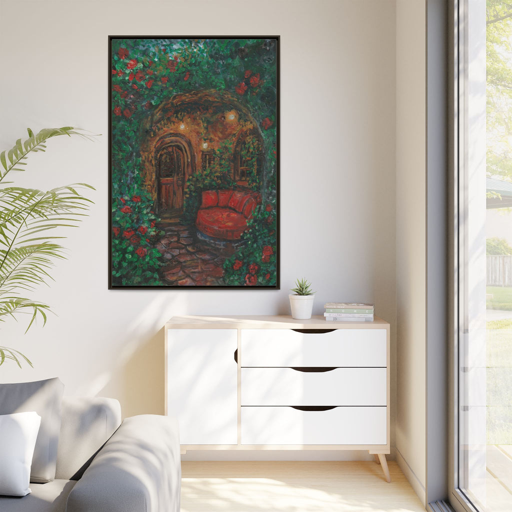 Framed Matte Canvas Art – Cozy Garden Doorway with Red Chair Print of Original Hidden Doorway