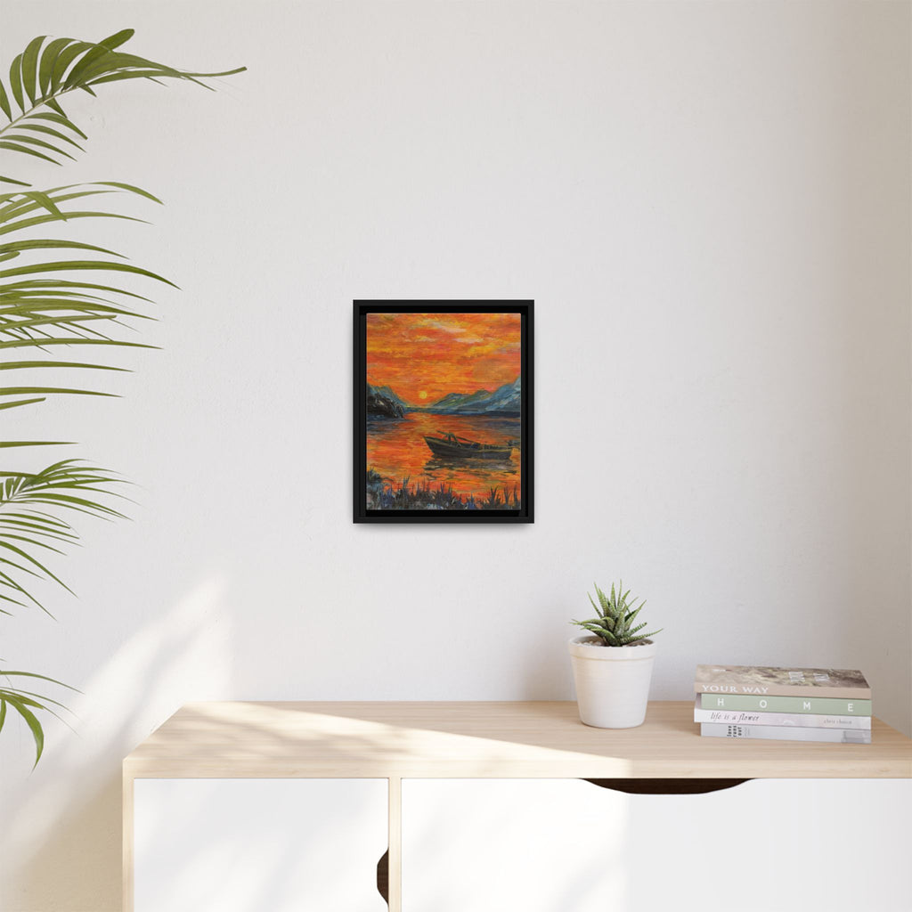 Boat on Sunset Lake Framed Canvas Print of Original — Orange Mountain Lake Wall Art