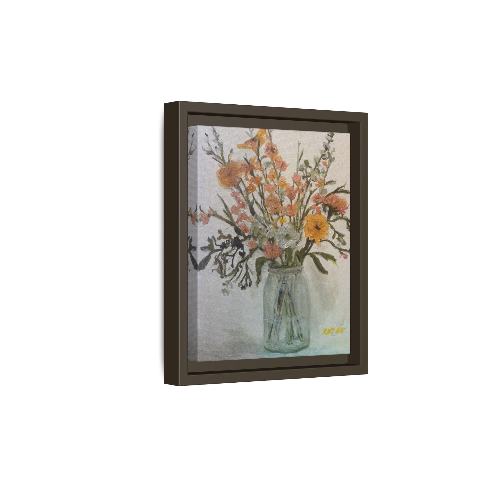Framed Matte Canvas Art - Flower in Glass Jar Floral Painting Print of Original