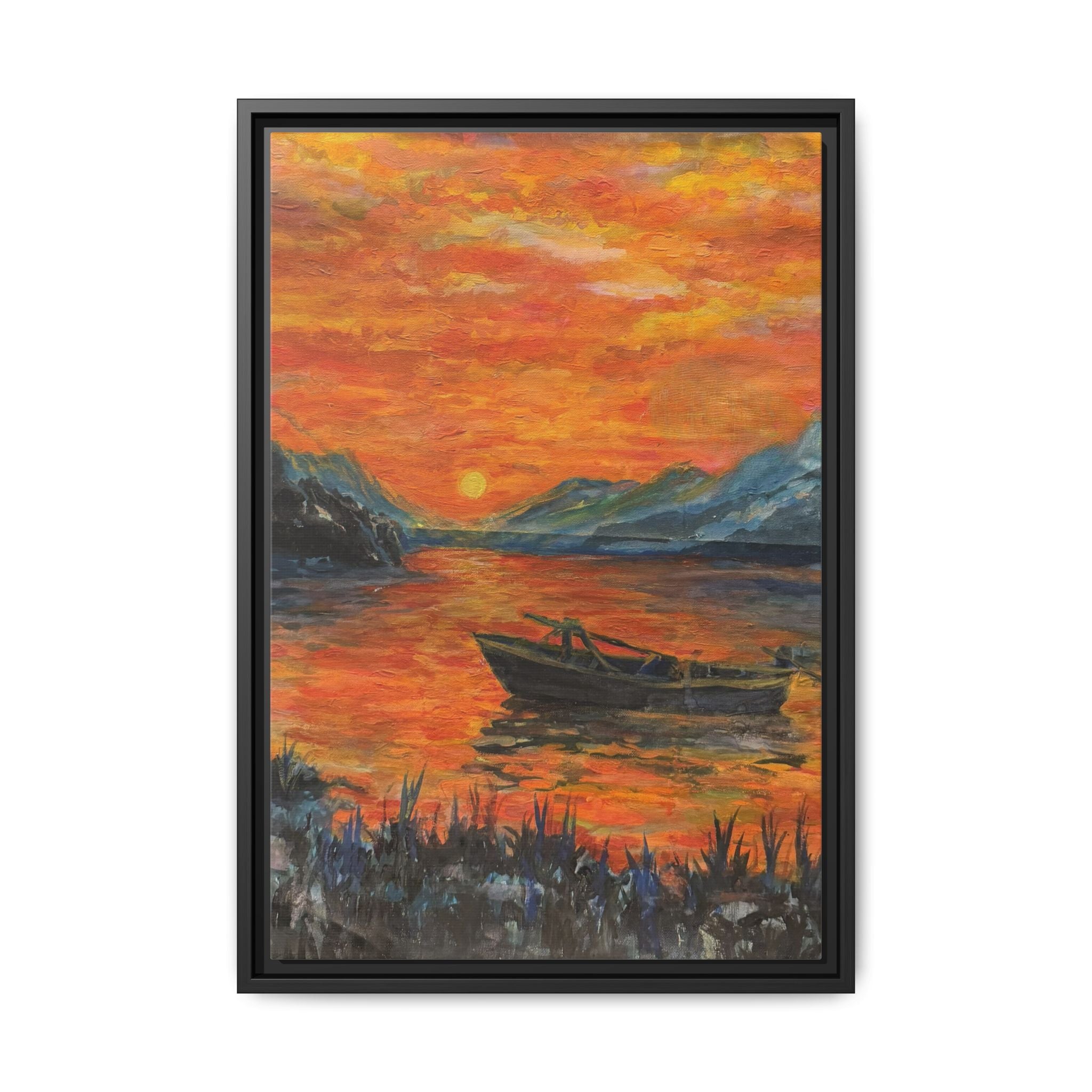 Boat on Sunset Lake Framed Canvas Print of Original — Orange Mountain Lake Wall Art