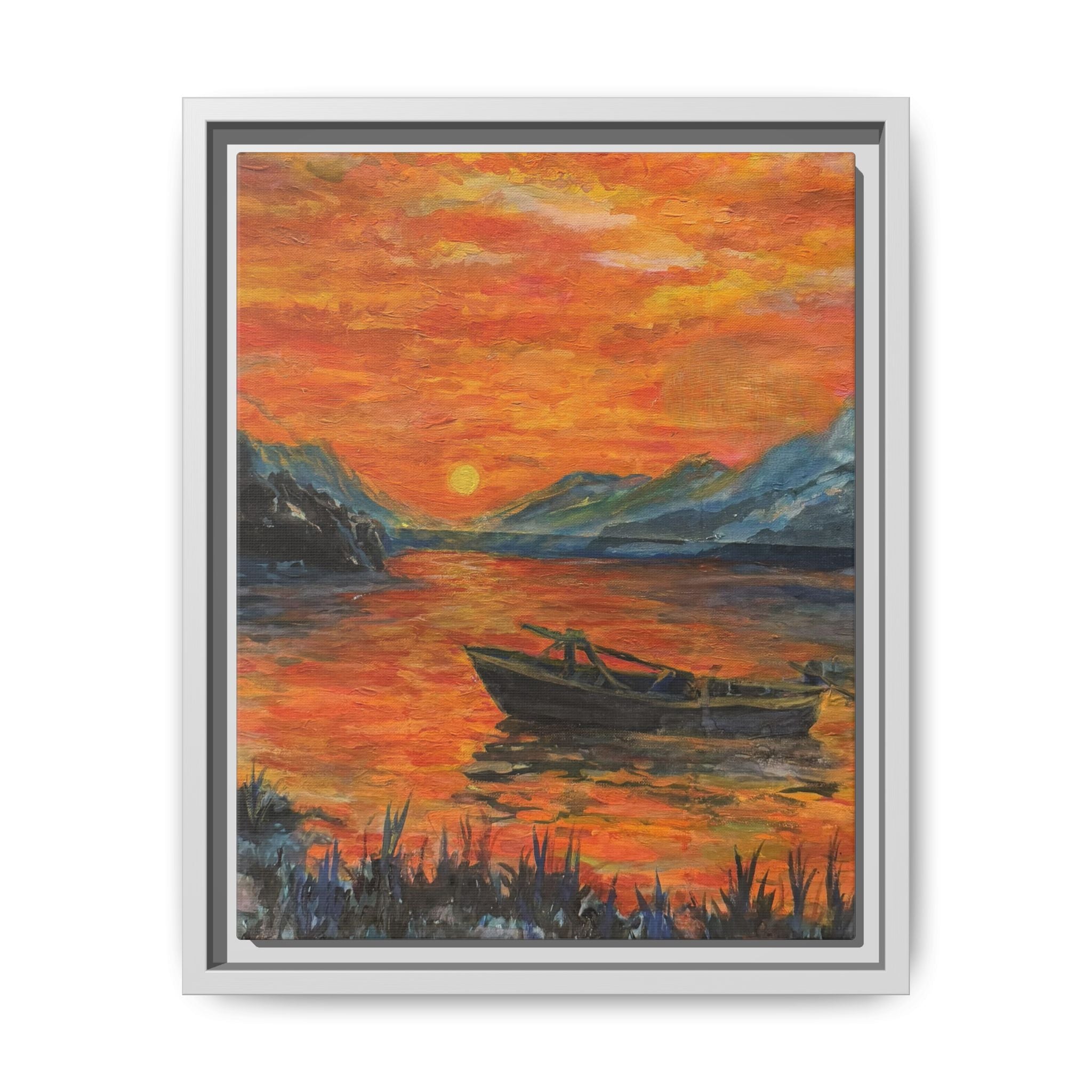 Boat on Sunset Lake Framed Canvas Print of Original — Orange Mountain Lake Wall Art