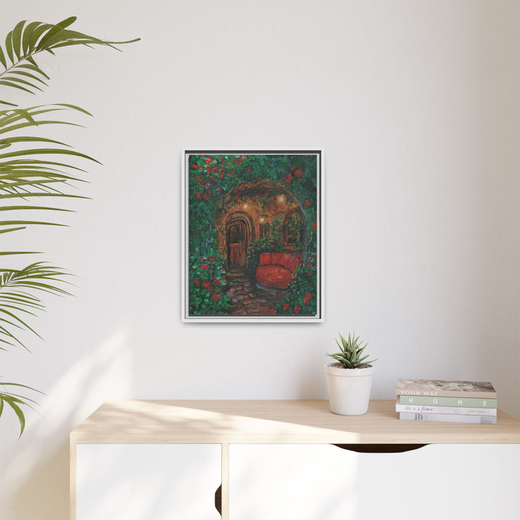 Framed Matte Canvas Art – Cozy Garden Doorway with Red Chair Print of Original Hidden Doorway