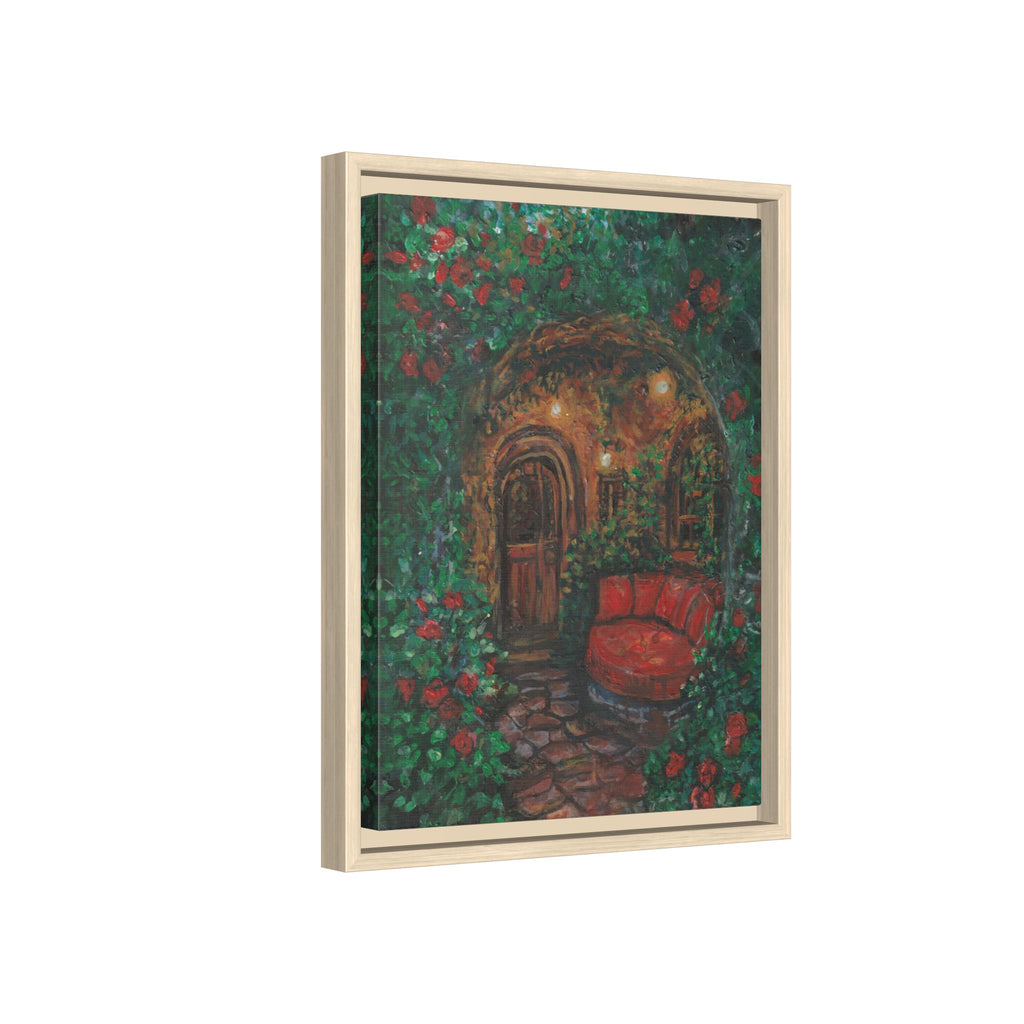 Framed Matte Canvas Art – Cozy Garden Doorway with Red Chair Print of Original Hidden Doorway