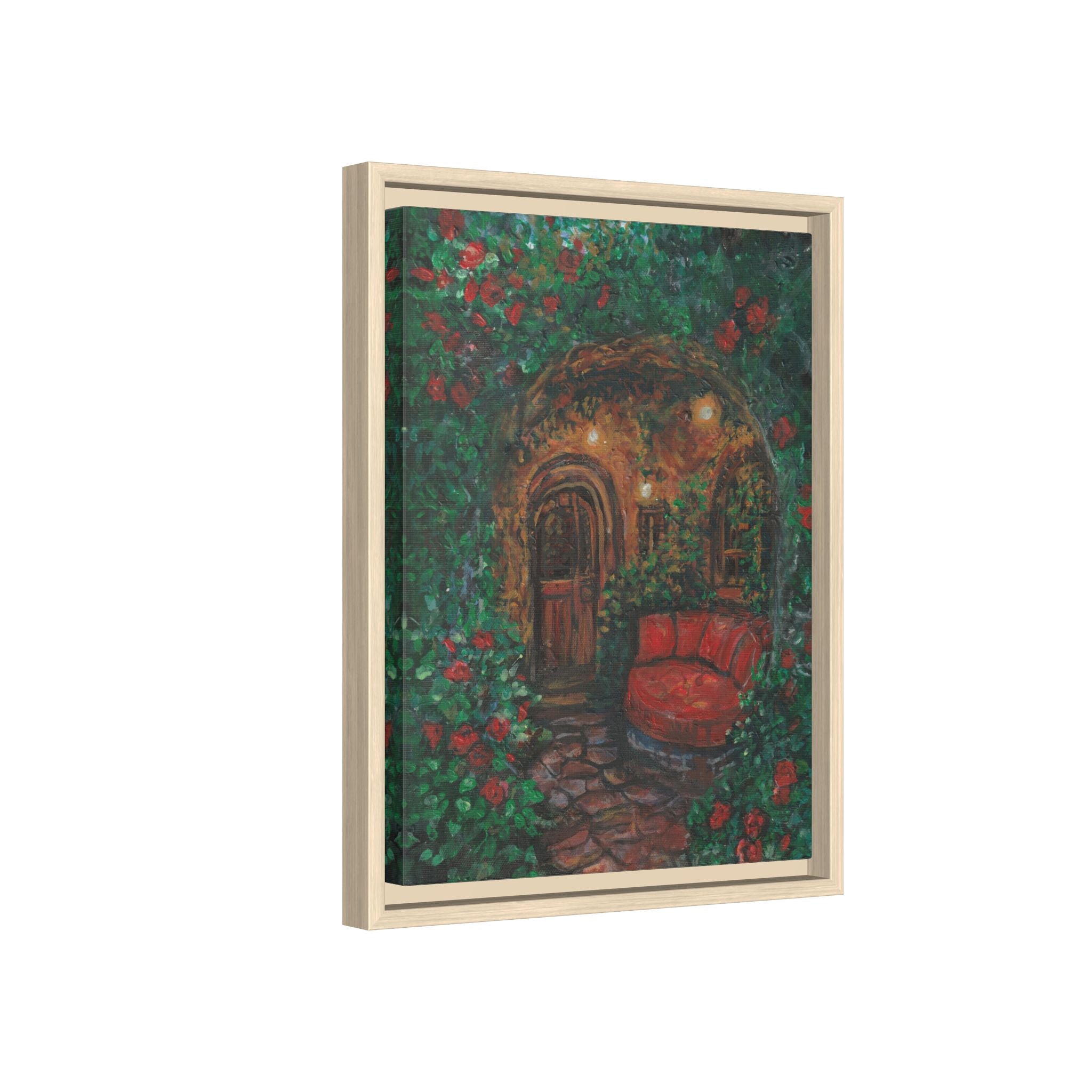 Framed Matte Canvas Art – Cozy Garden Doorway with Red Chair Print of Original Hidden Doorway