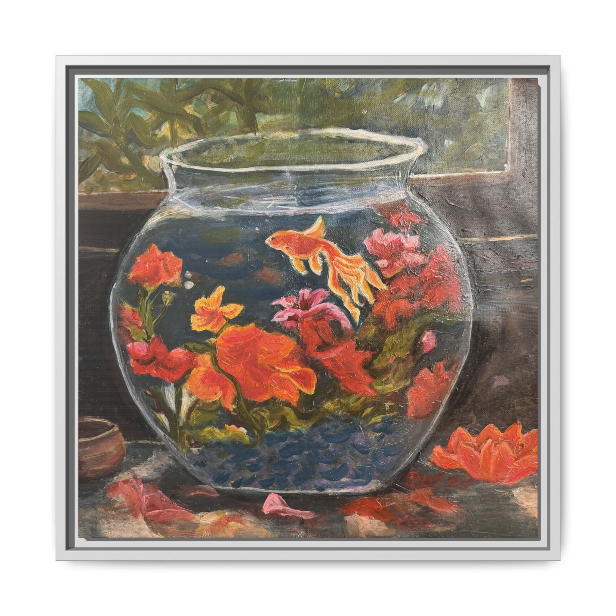 Framed Matte Canvas Print of Original– Colorful Goldfish Bowl Art