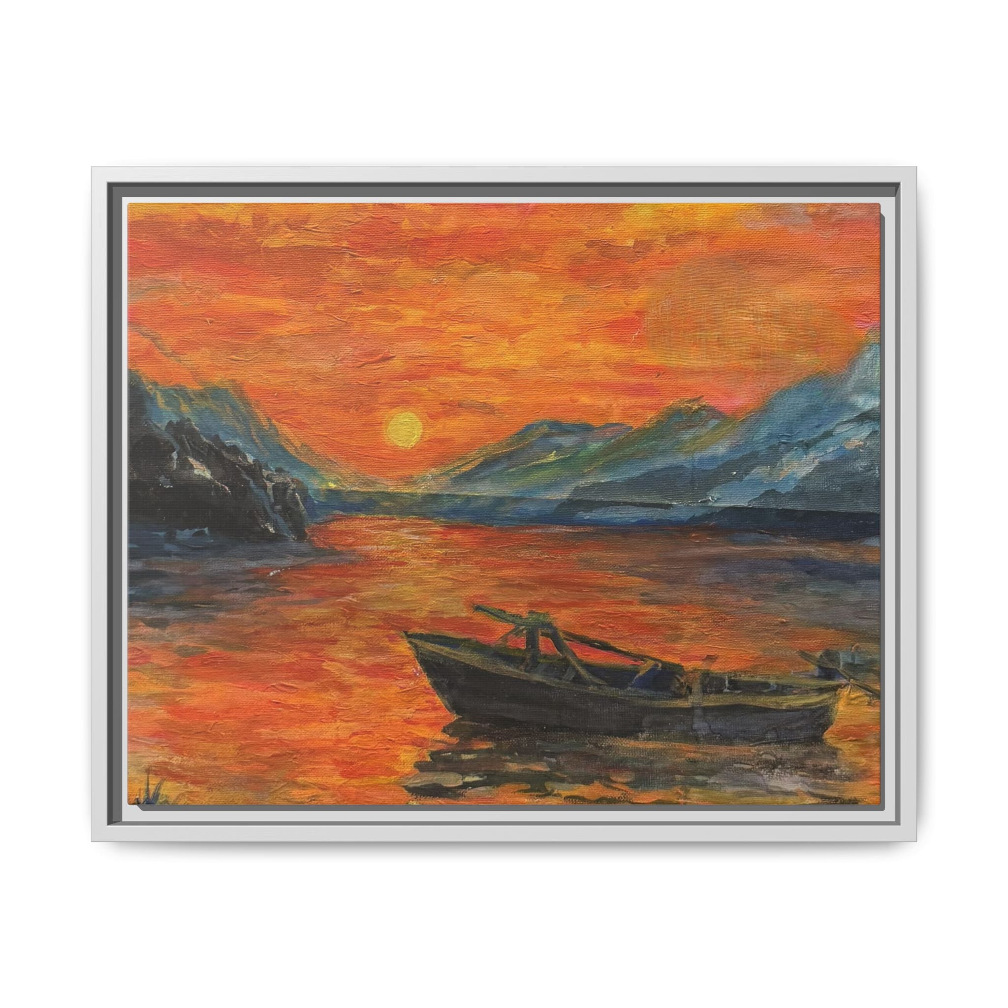 Boat on Sunset Lake Framed Canvas Print of Original — Orange Mountain Lake Wall Art