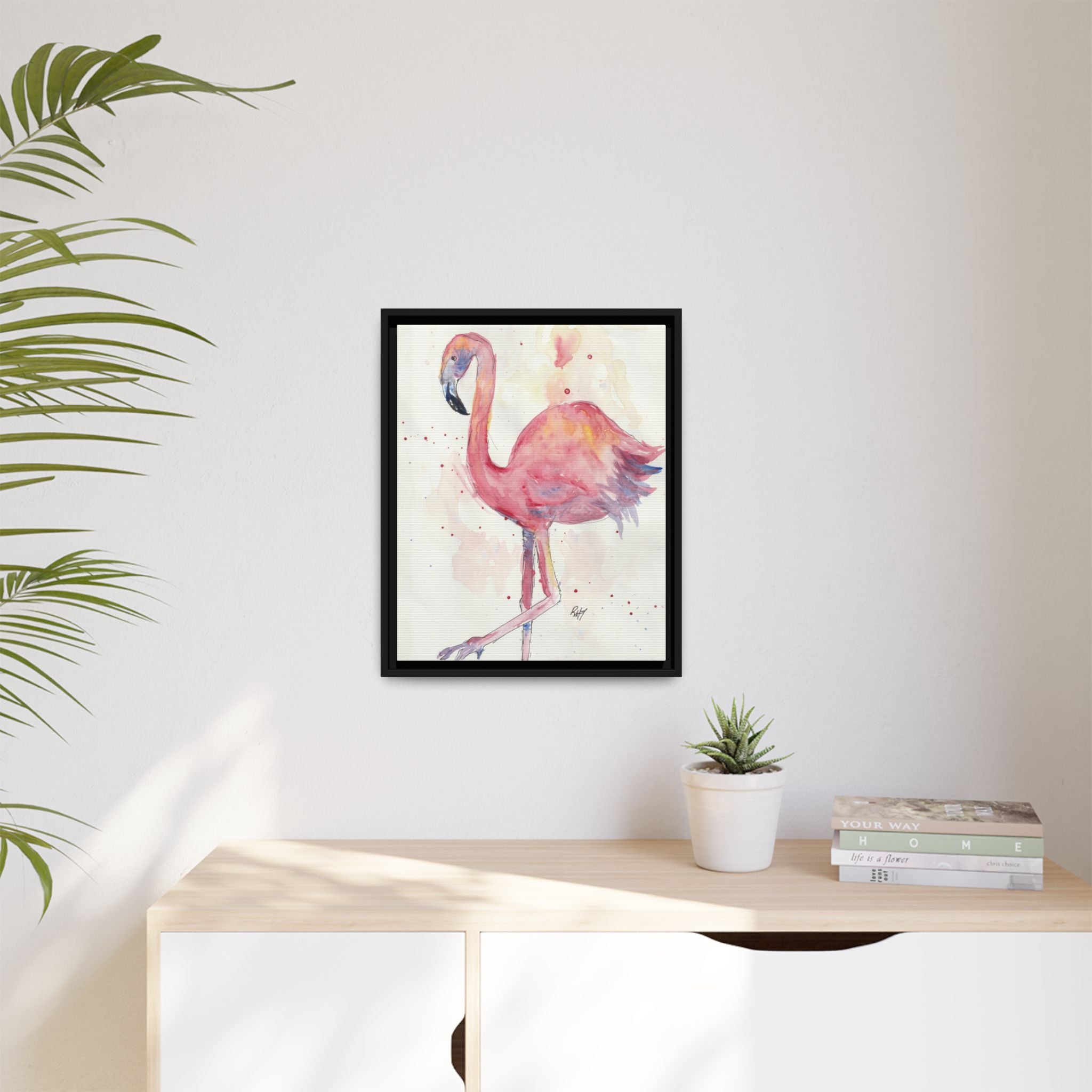 Watercolor Flamingo Dance Matte Canvas Framed Art Print of Original