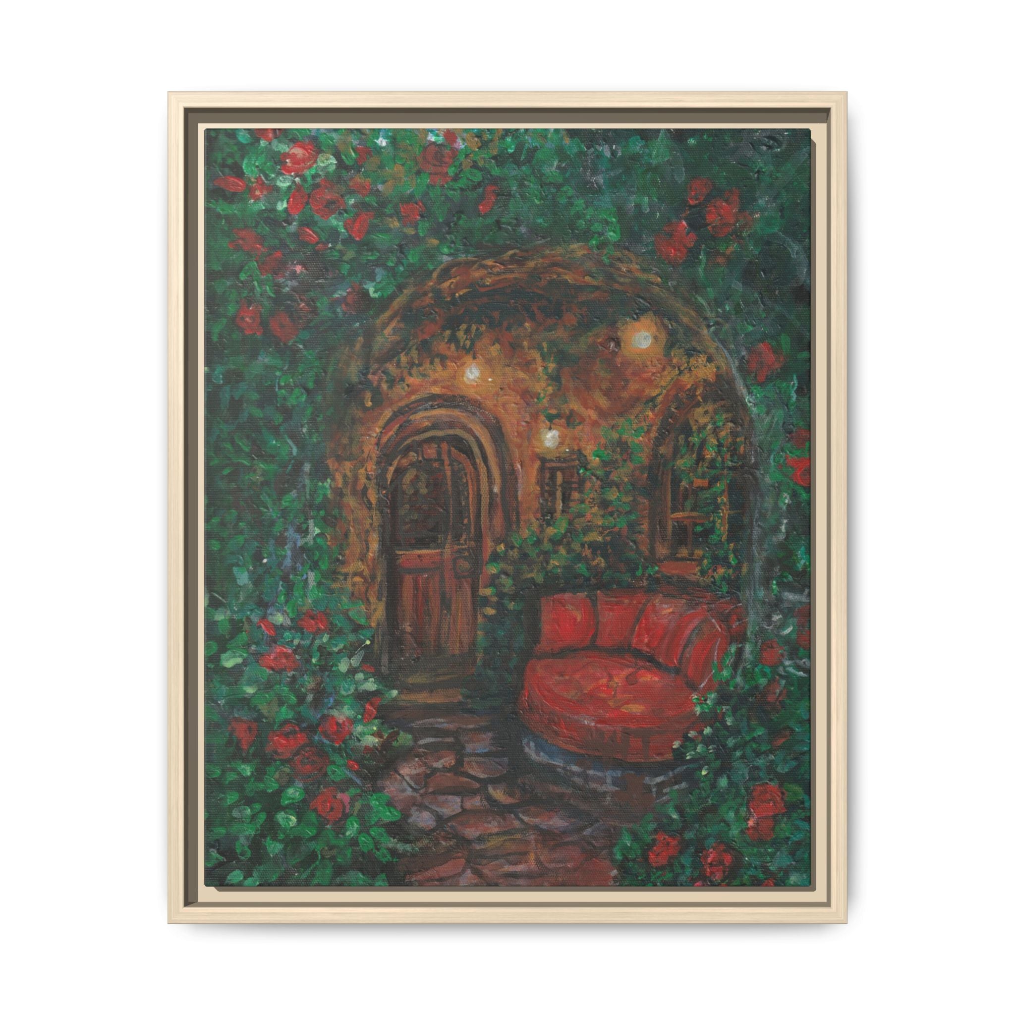Framed Matte Canvas Art – Cozy Garden Doorway with Red Chair Print of Original Hidden Doorway