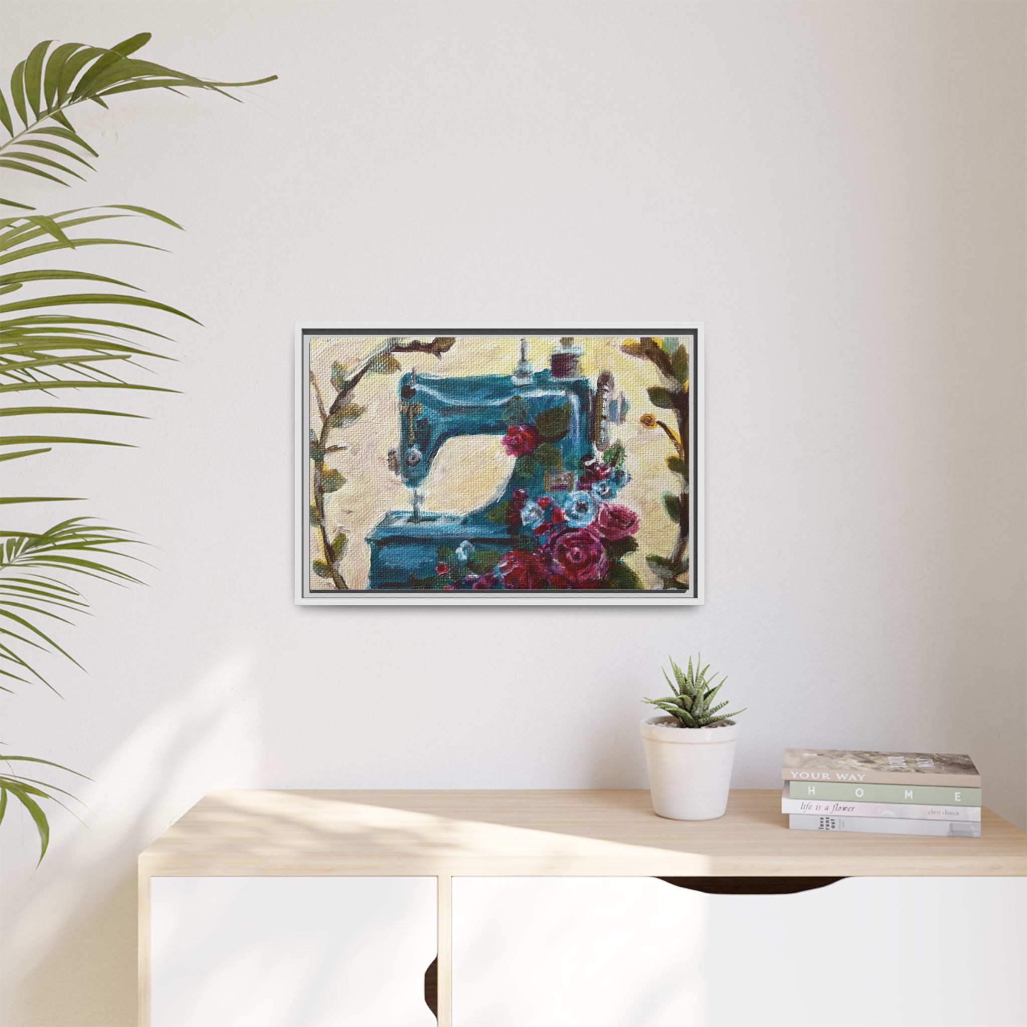 Framed Canvas Wall Art — Vintage Sewing Machine with Roses - Framed Print of the Original Grandma's Sewing Machine