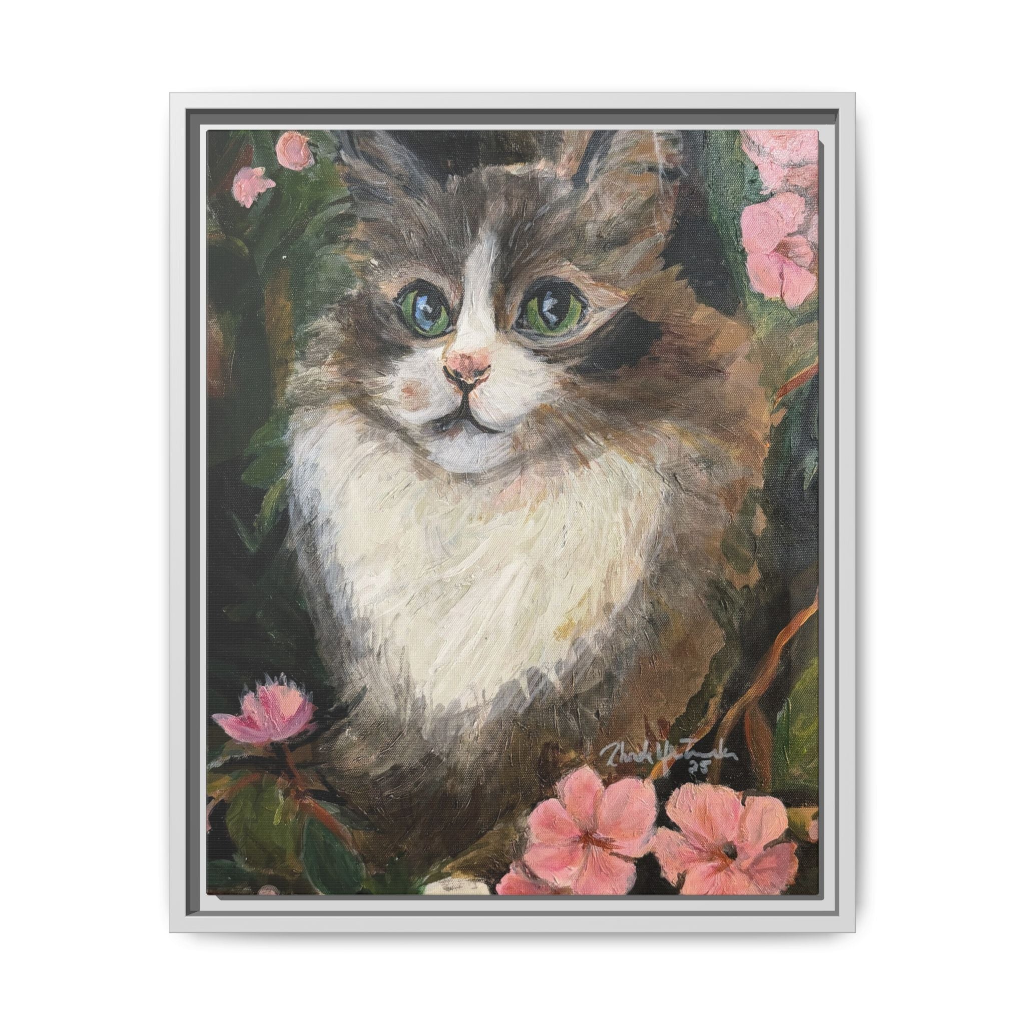 Framed Cat Portrait Canvas of Original Mikey– Floral Kitten Wall Art