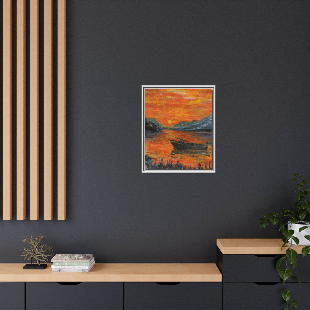 Boat on Sunset Lake Framed Canvas Print of Original — Orange Mountain Lake Wall Art