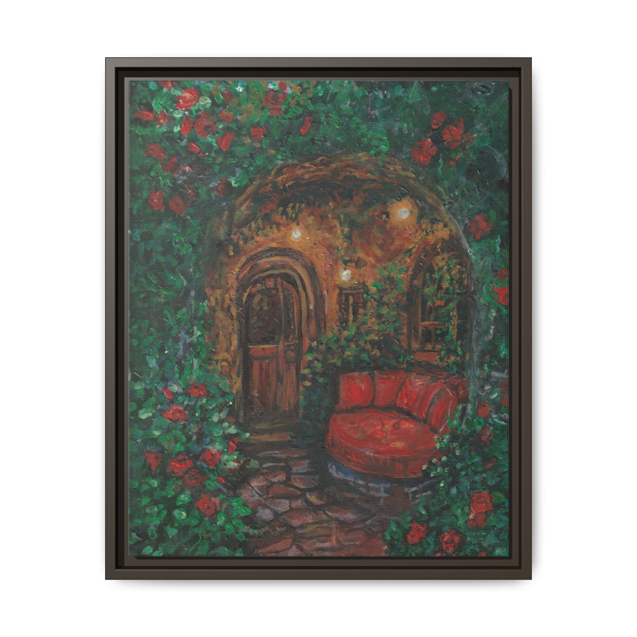 Framed Matte Canvas Art – Cozy Garden Doorway with Red Chair Print of Original Hidden Doorway