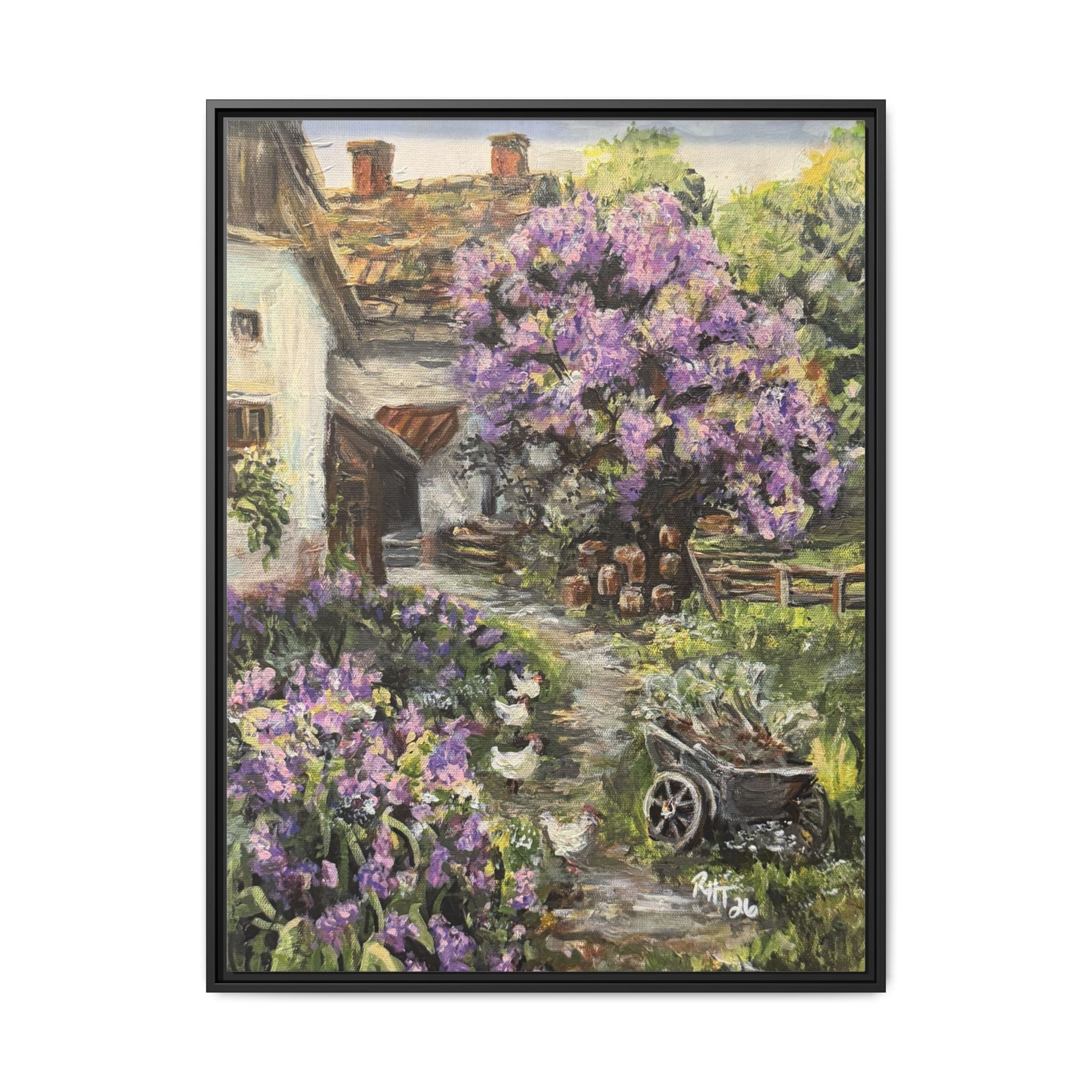 Framed Matte Canvas Print of Original Lavender Cottage— Cottage Garden with Purple Wisteria Wall Art