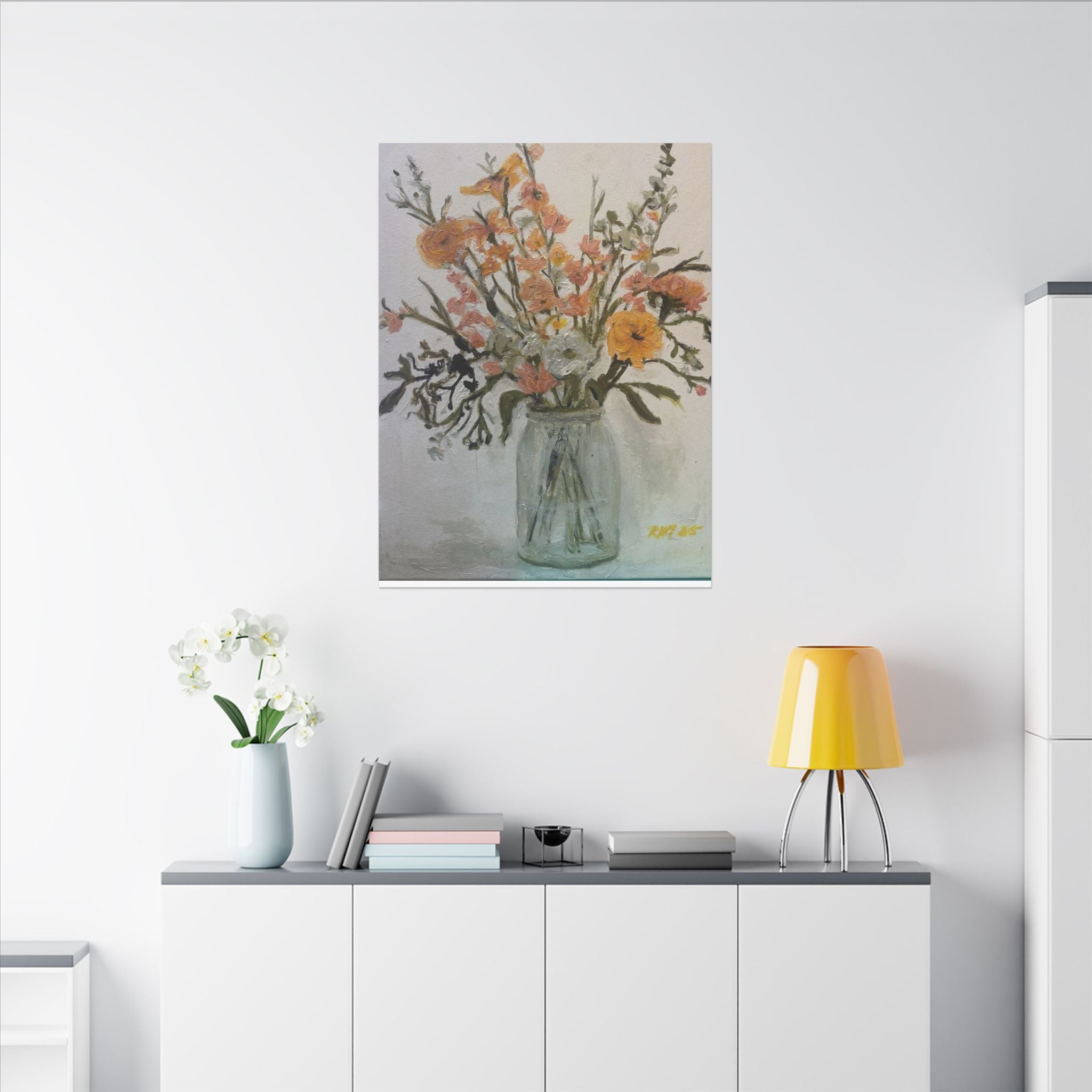 Flowers in Glass Jar Matte Canvas Print of Original— Rustic Cottage Wall Art