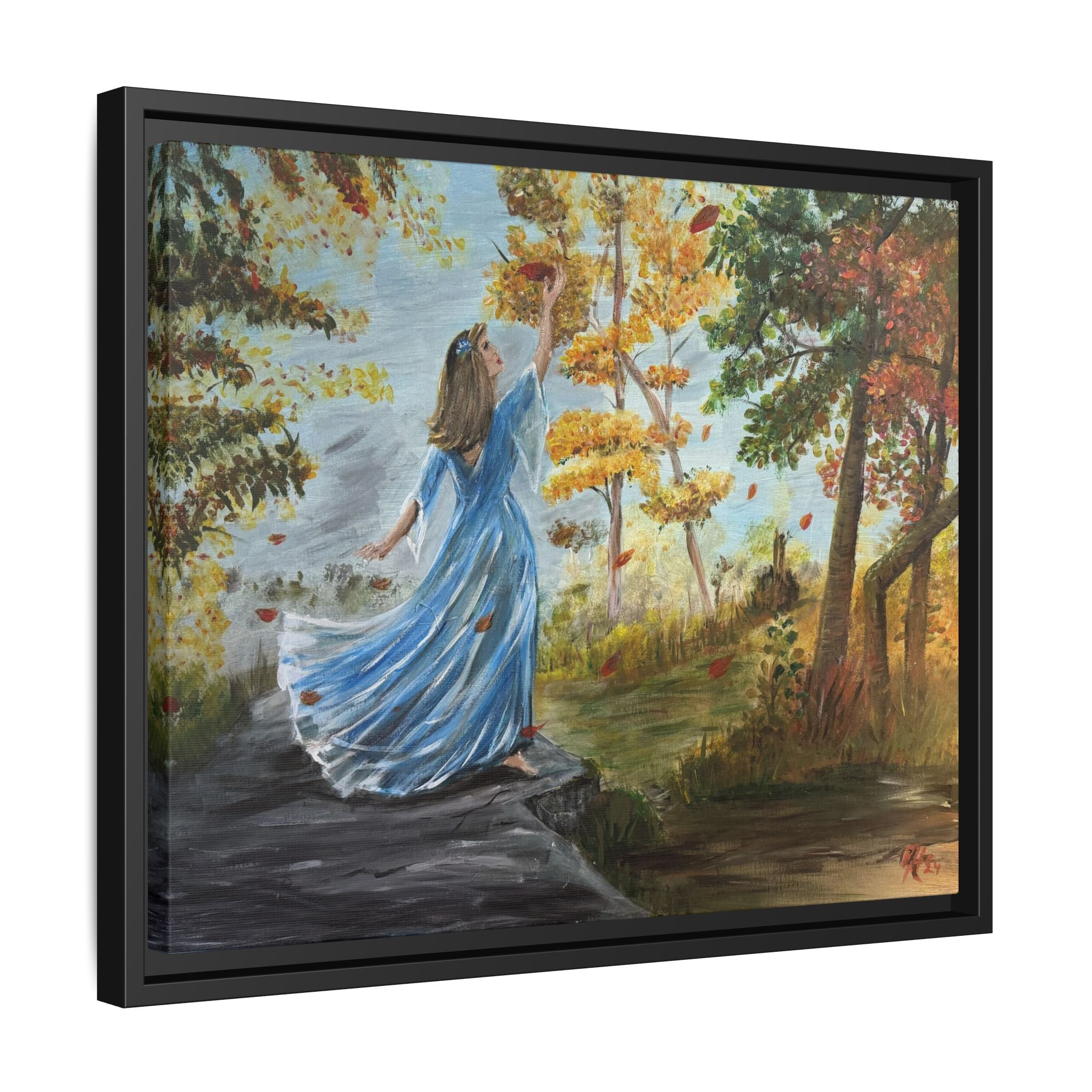 Autumn Breeze Canvas Print — Woman in Blue Dress Framed Wall Art