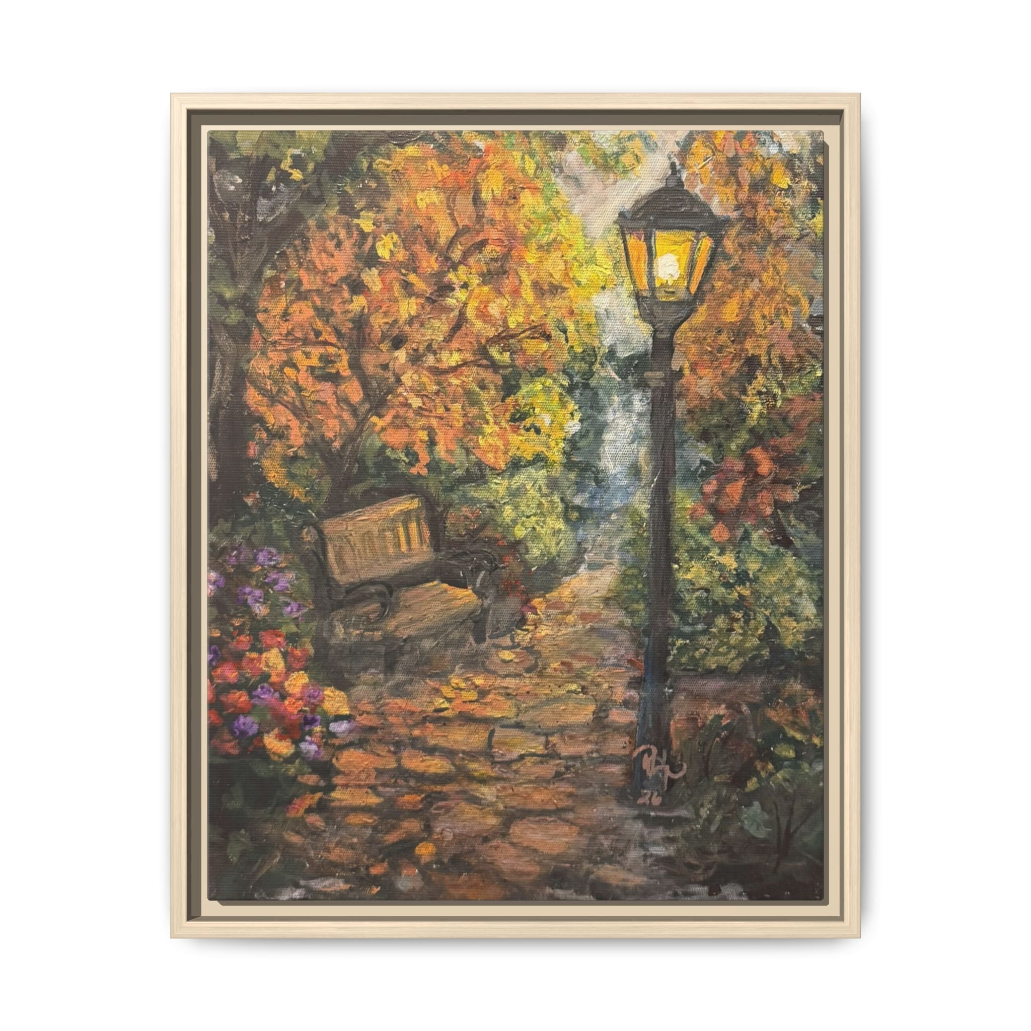Framed Matte Canvas Art — Autumn Park Bench with Lamp Post (Cozy Fall Wall Decor)