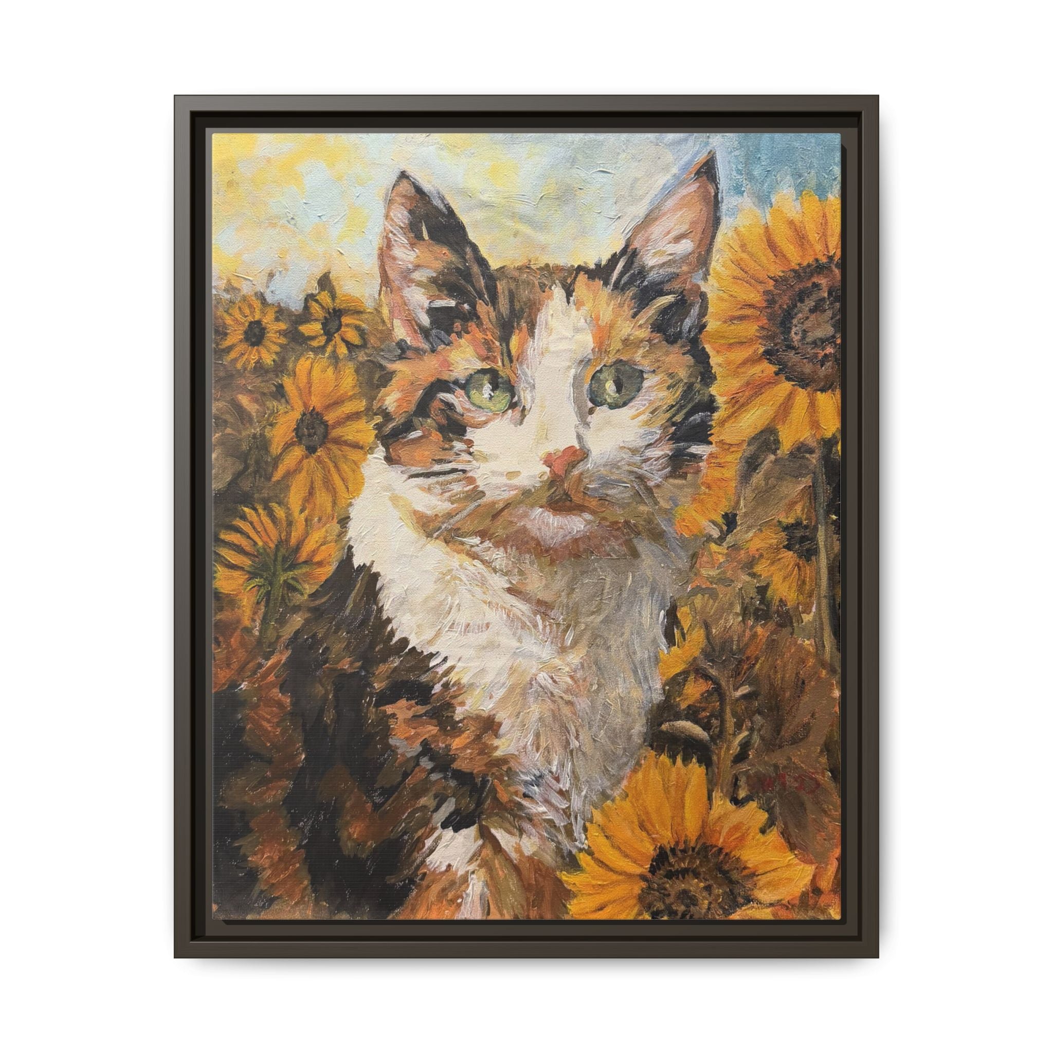 Dixie Cat in Sunflowers — Framed Matte Canvas Wall Art - Print of Original