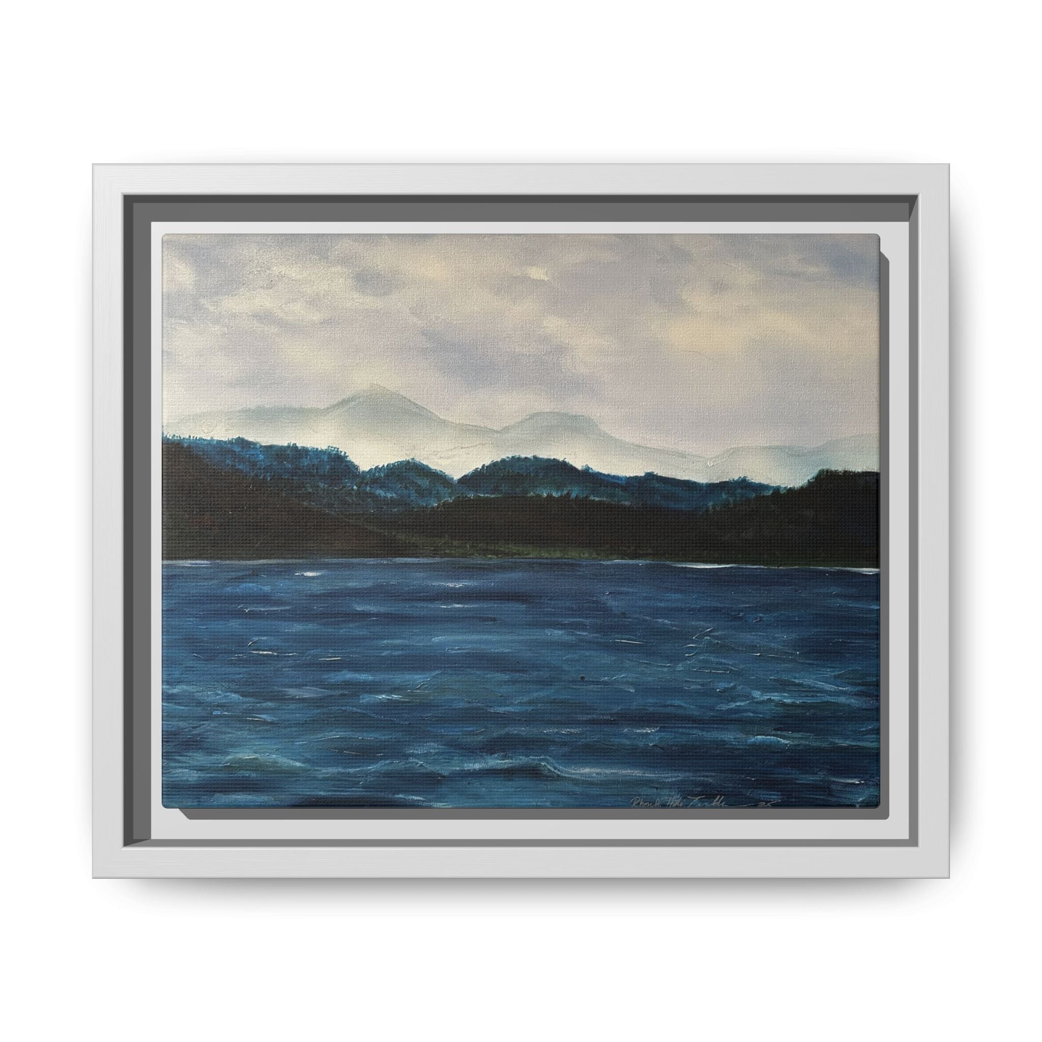 Framed Canvas Print of Original Misty Mountain – Moody Blue Wall Art