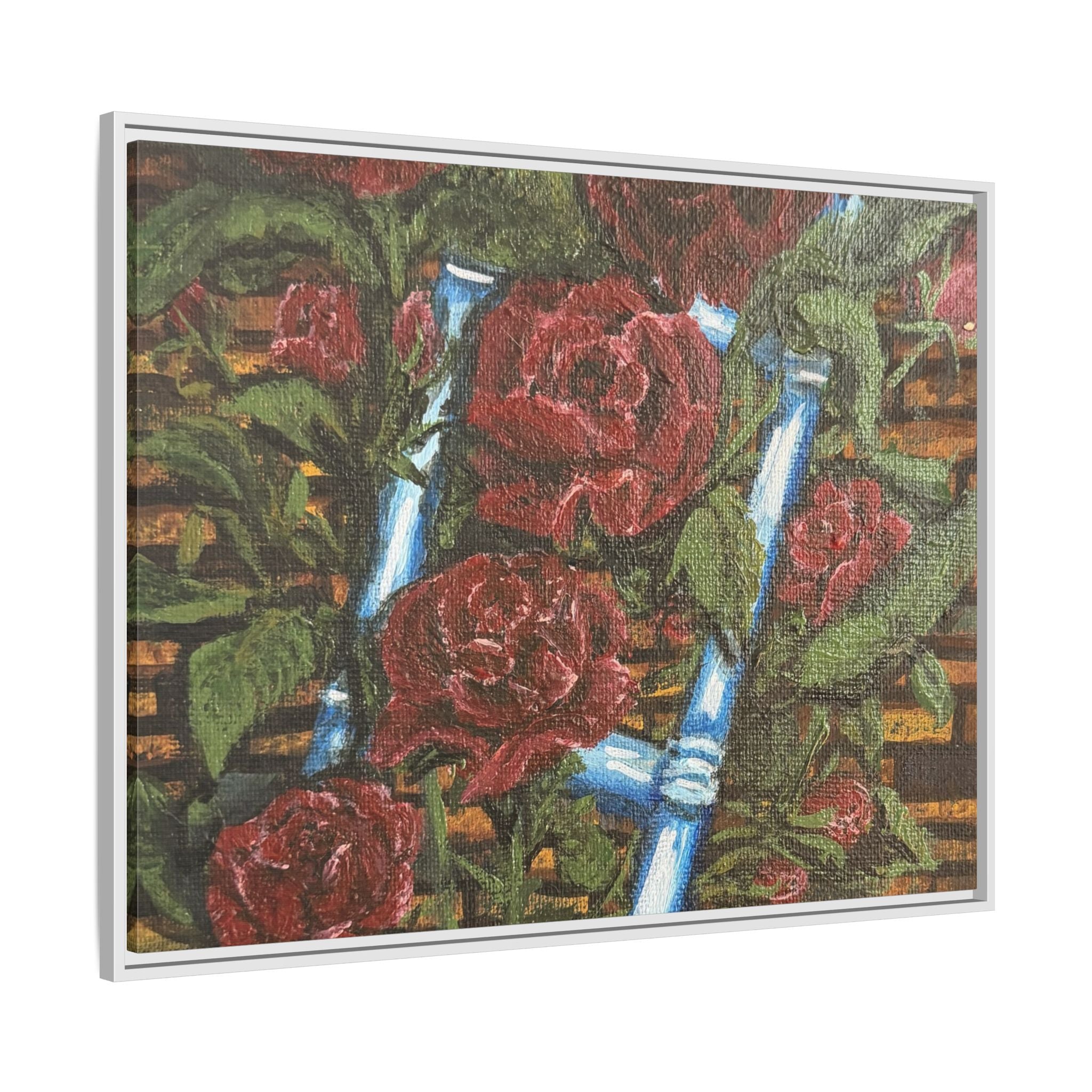 Framed Matte Canvas Art Print of Original Climbing Roses — Red Roses & Blue Ladder Floral Painting