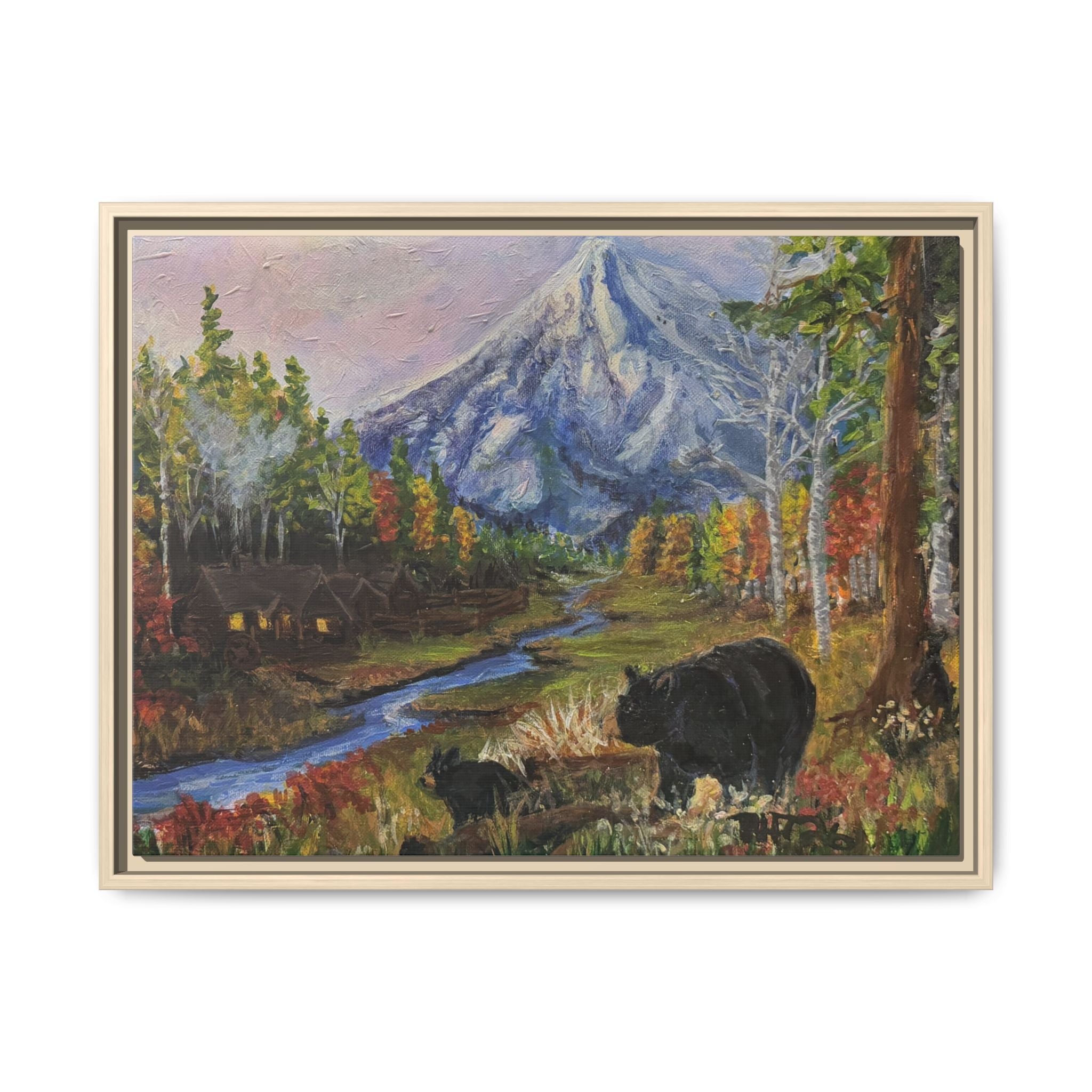 Framed Matte Canvas - Three Bear Stroll  - Mountain Stream with Bears Landscape Wall Art