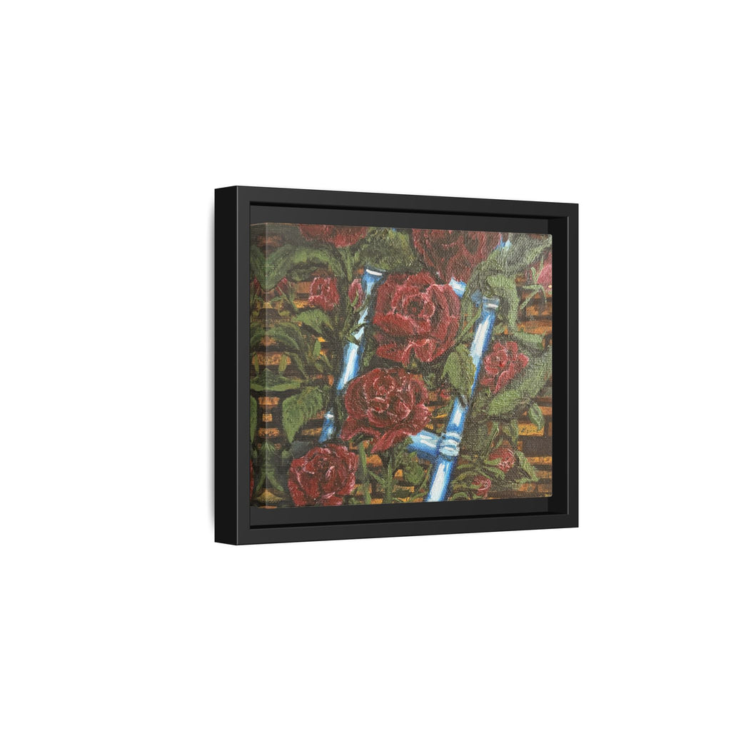Framed Matte Canvas Art Print of Original Climbing Roses — Red Roses & Blue Ladder Floral Painting