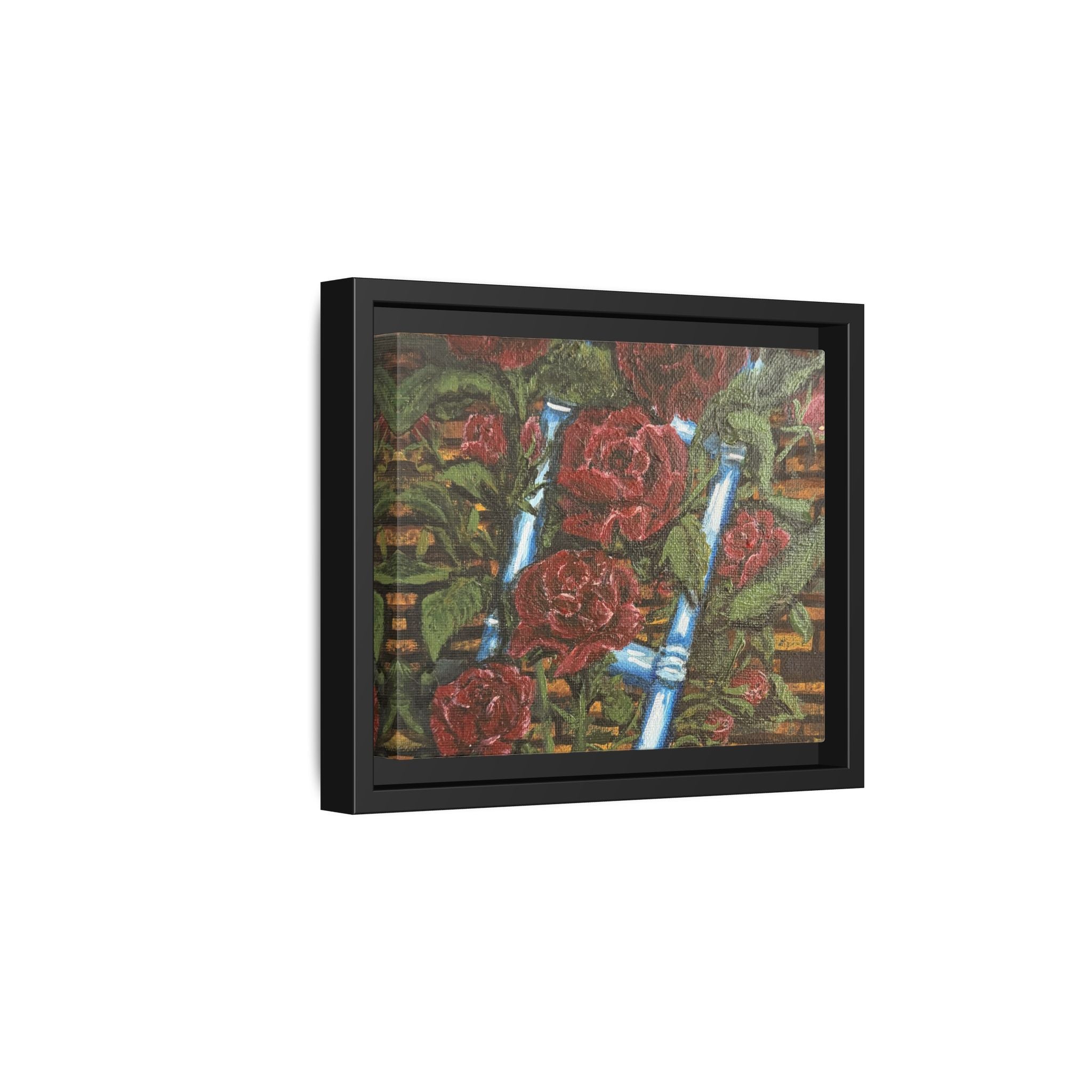 Framed Matte Canvas Art Print of Original Climbing Roses — Red Roses & Blue Ladder Floral Painting