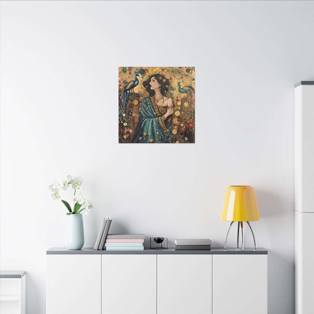 Gilded Peacock Muse Matte Canvas Wall Art  Print of Original— Stretched Decorative Painting