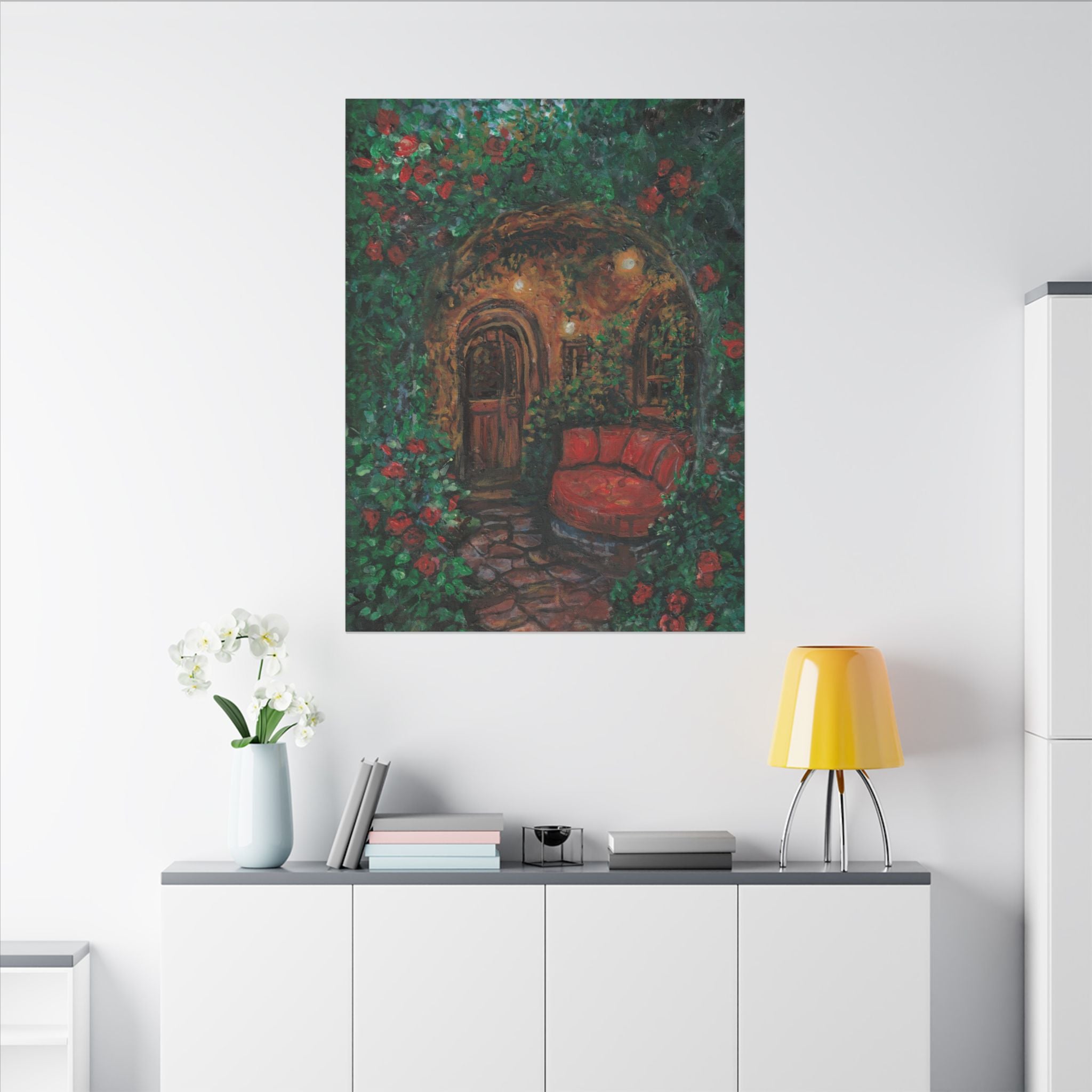 Hidden Entrance Canvas Art - Cozy Red Chair Doorway Painting Print of Original