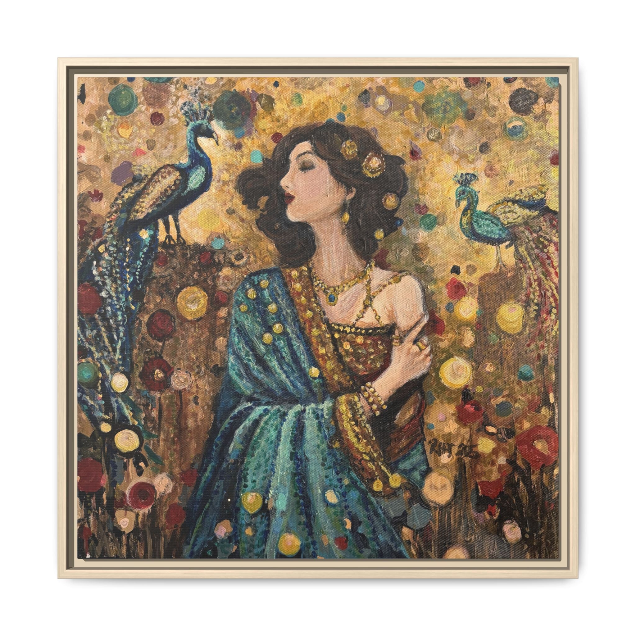 Gilded Peacock Muse Framed Canvas Art Print of Original— Bohemian Floral Decorative Print