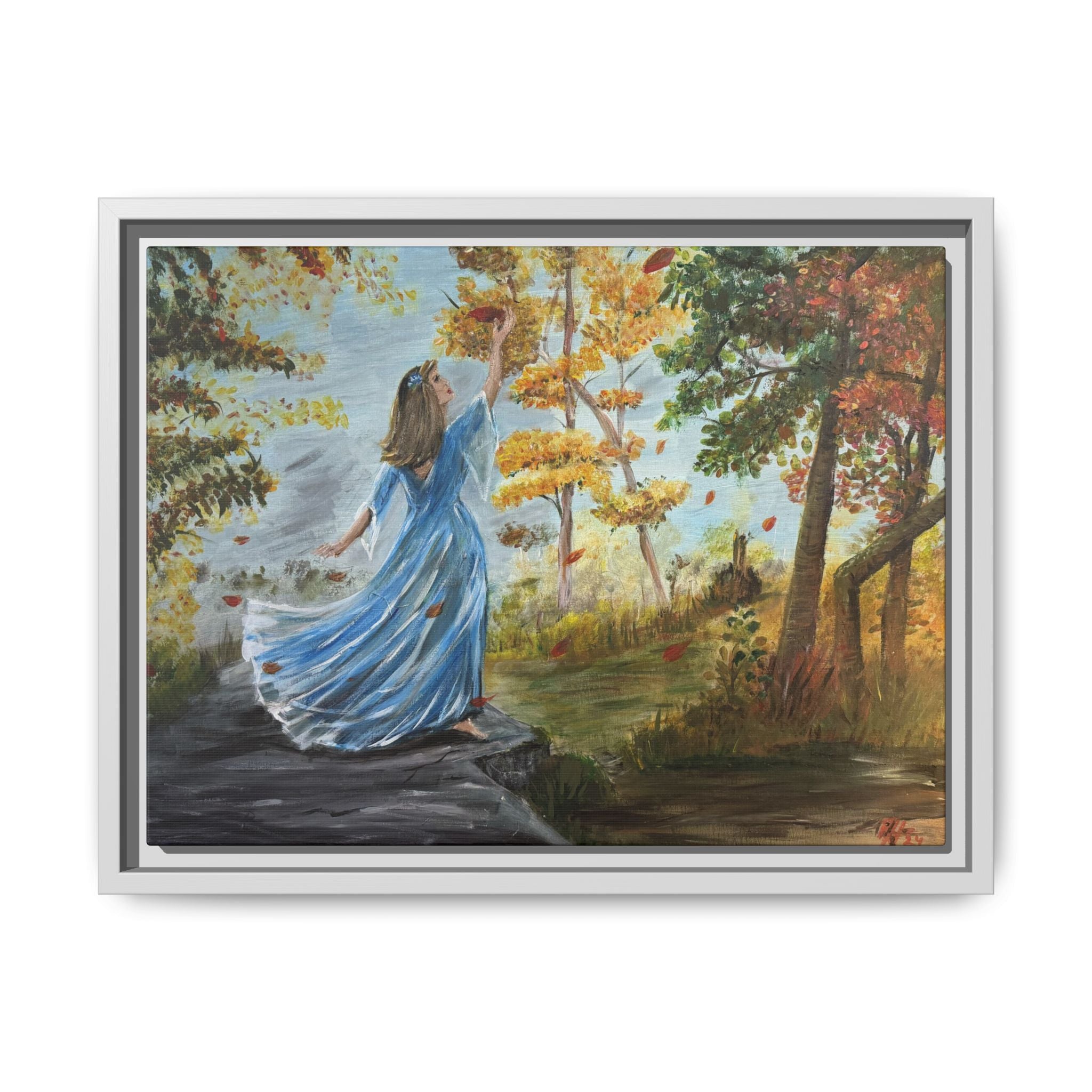Autumn Breeze Canvas Print — Woman in Blue Dress Framed Wall Art