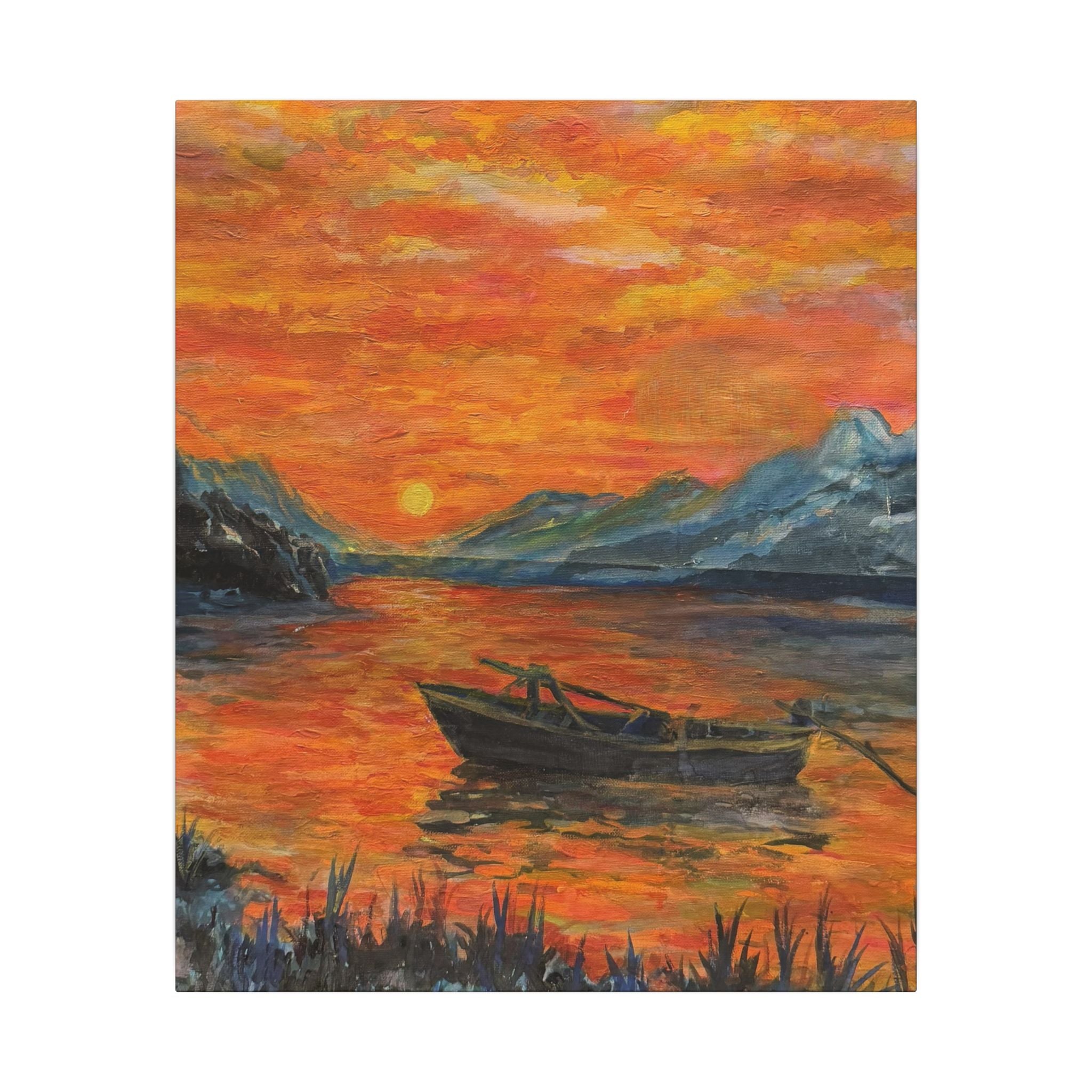 Boat on Sunset Lake Canvas Wall Art Print of Original— Orange Seascape Landscape Print