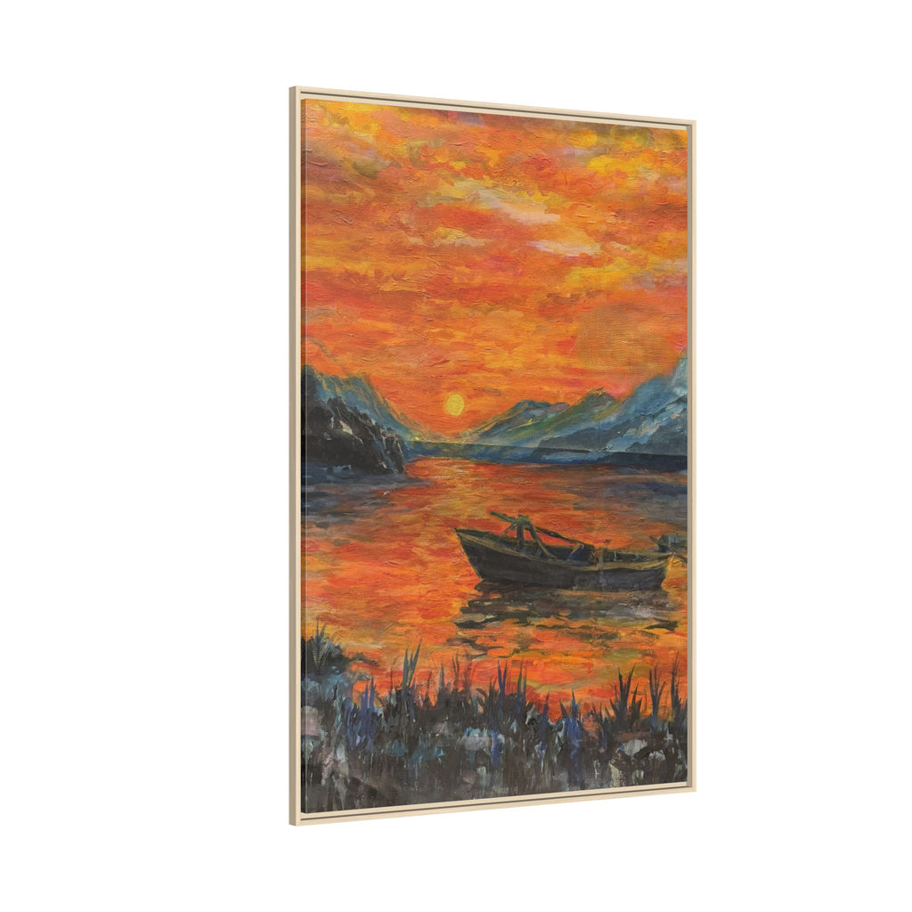 Boat on Sunset Lake Framed Canvas Print of Original — Orange Mountain Lake Wall Art