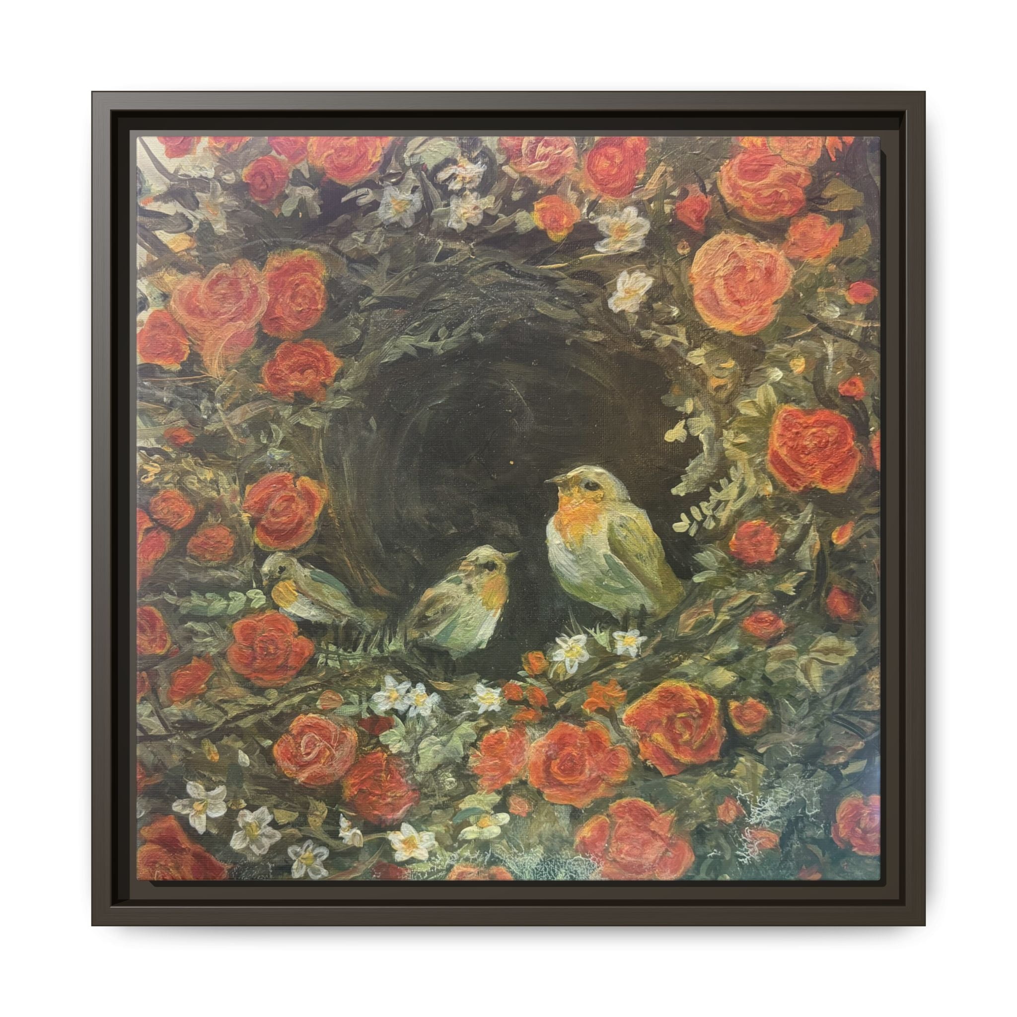 Framed Canvas Art - 'Nest of Roses' Botanical Bird Print