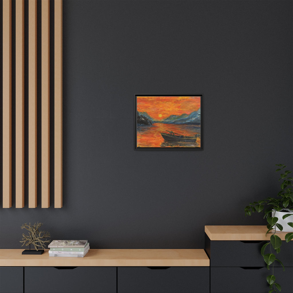 Boat on Sunset Lake Framed Canvas Print of Original — Orange Mountain Lake Wall Art