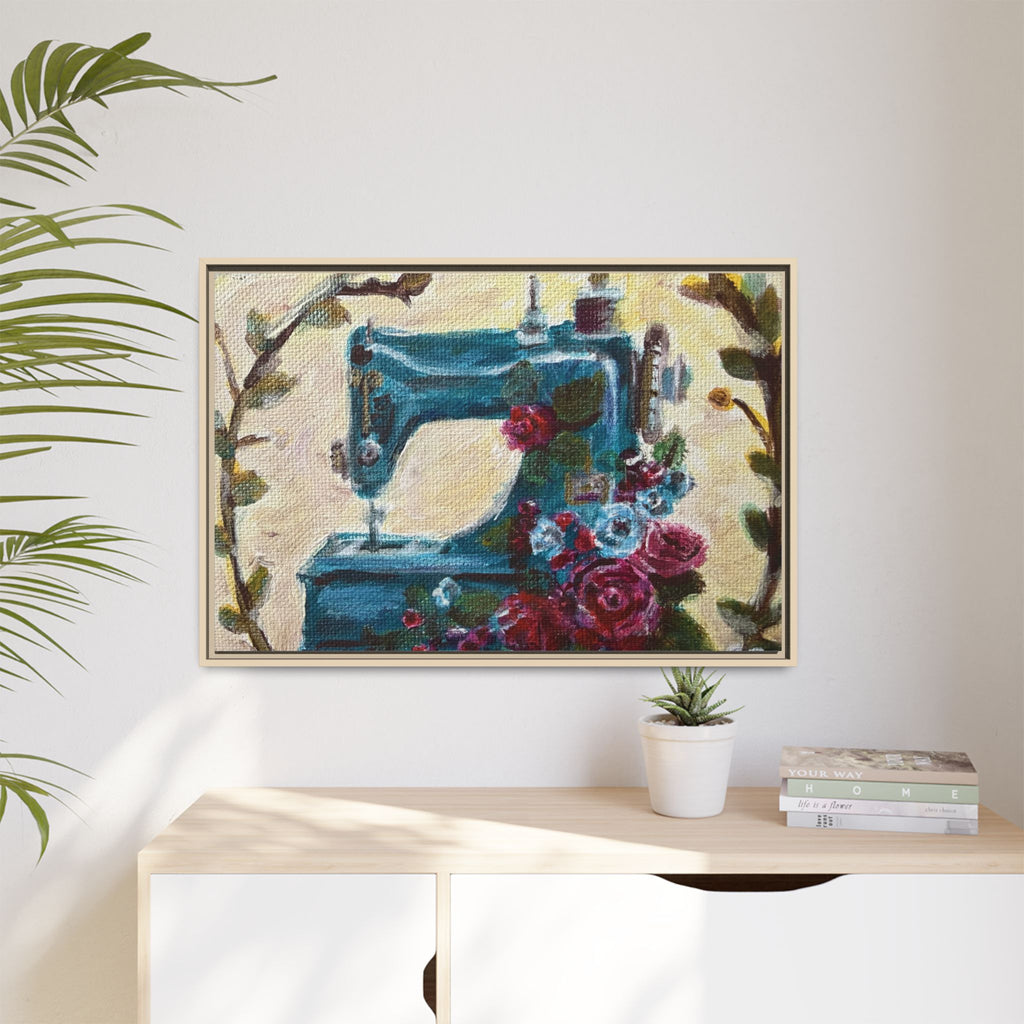 Framed Canvas Wall Art — Vintage Sewing Machine with Roses - Framed Print of the Original Grandma's Sewing Machine