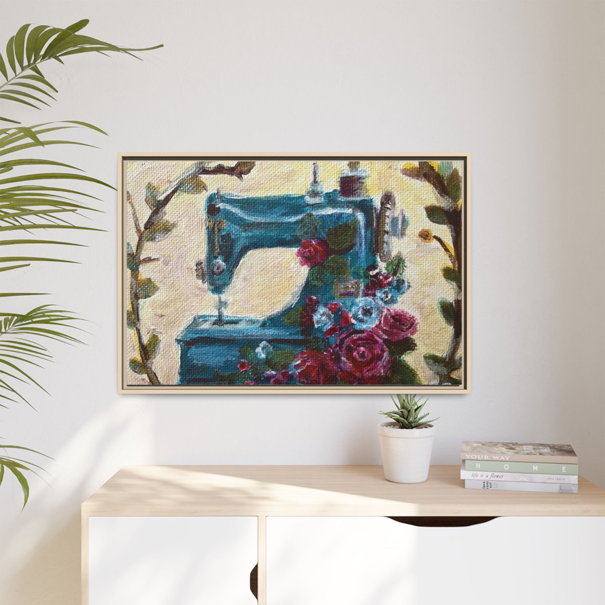 Framed Canvas Wall Art — Vintage Sewing Machine with Roses - Framed Print of the Original Grandma's Sewing Machine