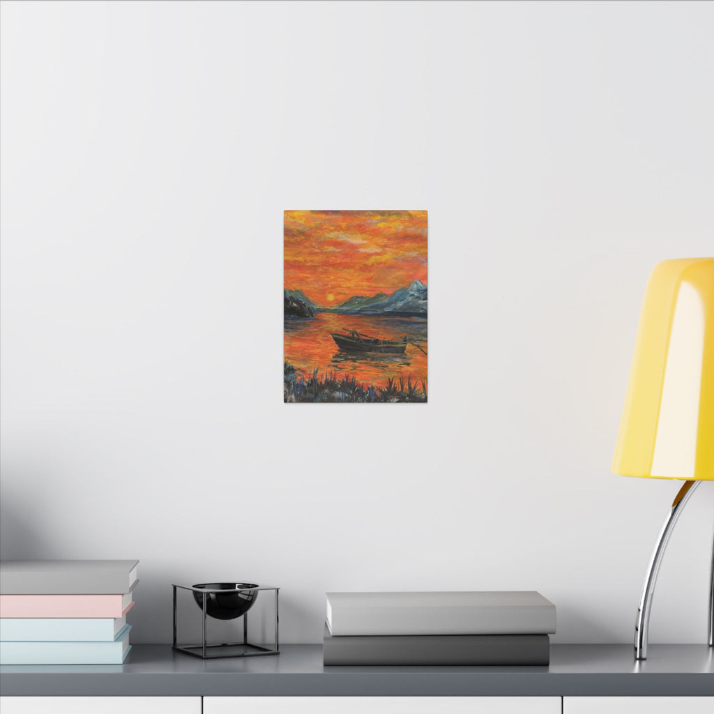 Boat on Sunset Lake Canvas Wall Art Print of Original— Orange Seascape Landscape Print