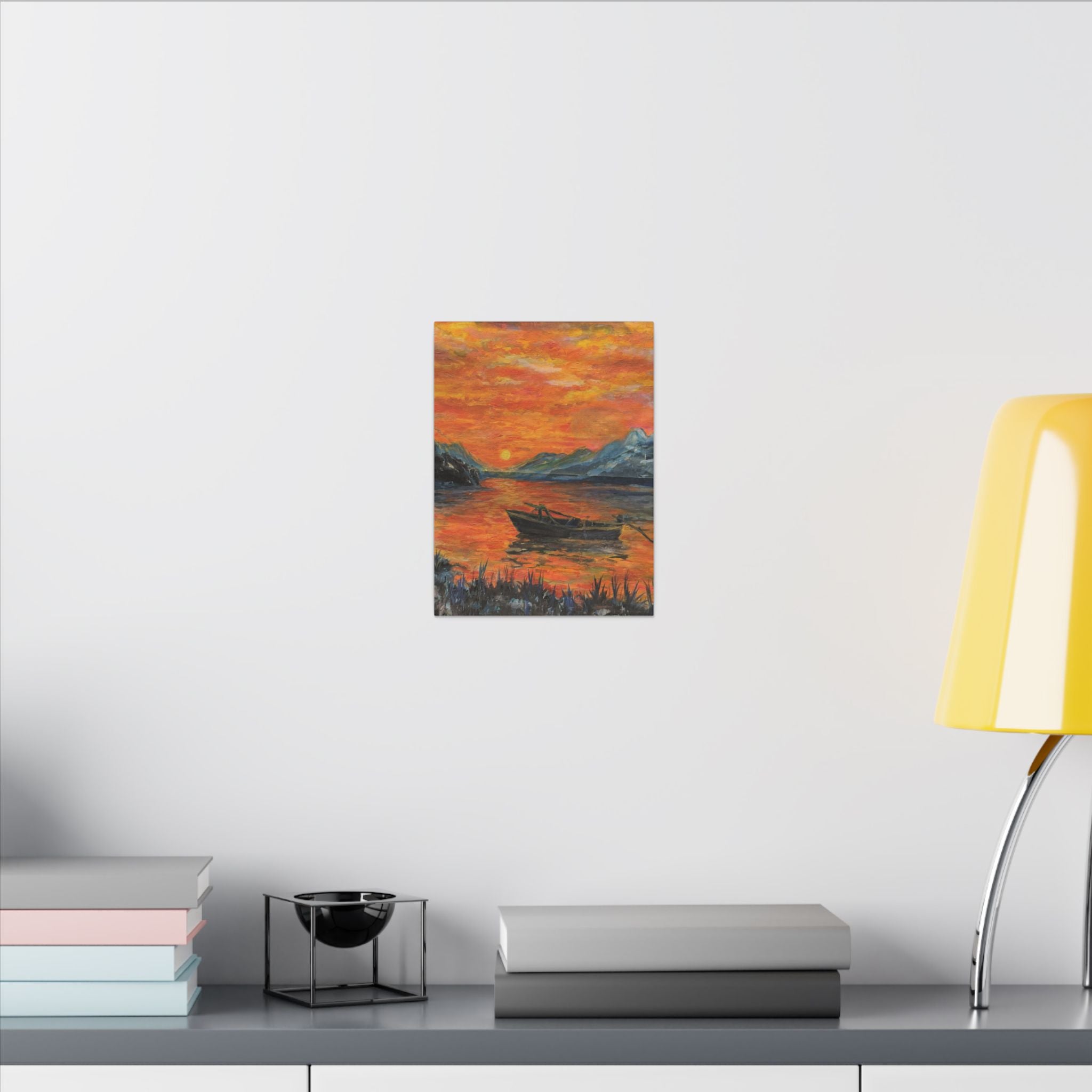 Boat on Sunset Lake Canvas Wall Art Print of Original— Orange Seascape Landscape Print