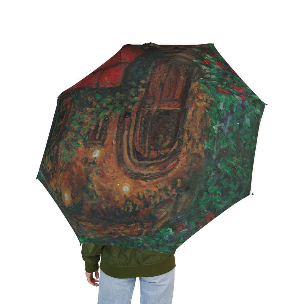 Compact Foldable Umbrella — Cozy Cottage Garden Painting Design