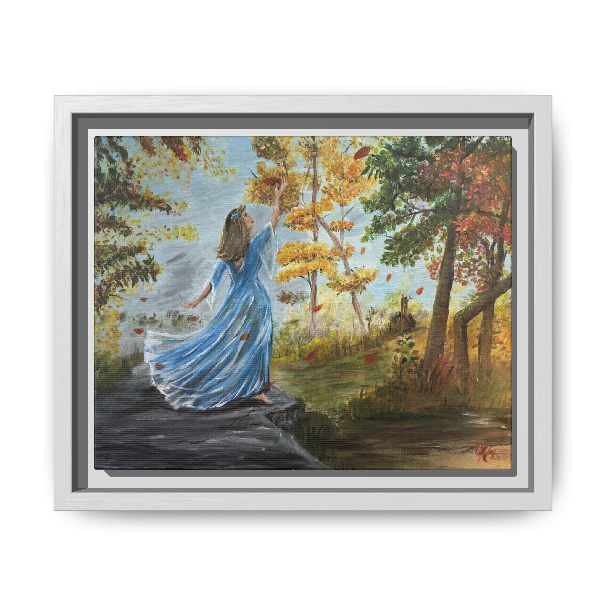 Autumn Breeze Canvas Print — Woman in Blue Dress Framed Wall Art